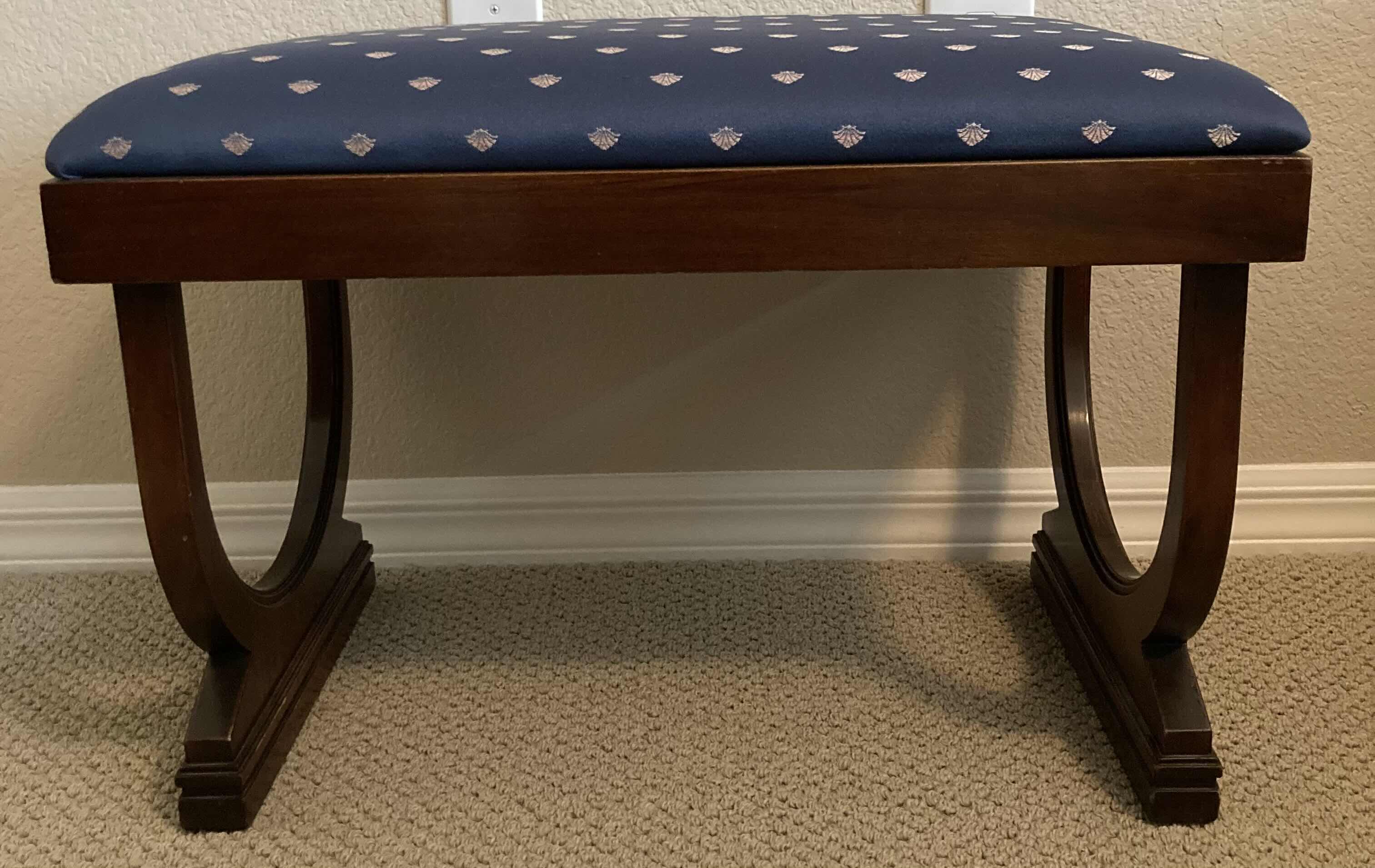 Photo 1 of F.J. FURNITURE CUSTOM REGENCY STYLE BLUE UPHOLSTERY WOOD FRAME BENCH 24” X 15” H16”