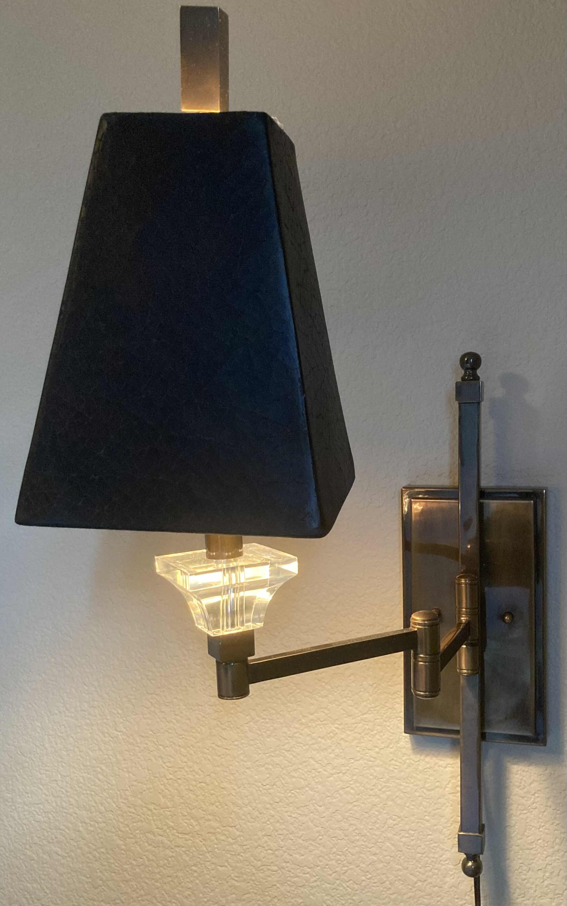 Photo 1 of UTTERMOST ANTIQUE BRONZE FINISH SWINGING FRAME W FAUX LEATHER SHADE WALL LAMP 7.75” X 9.5-19” H28”