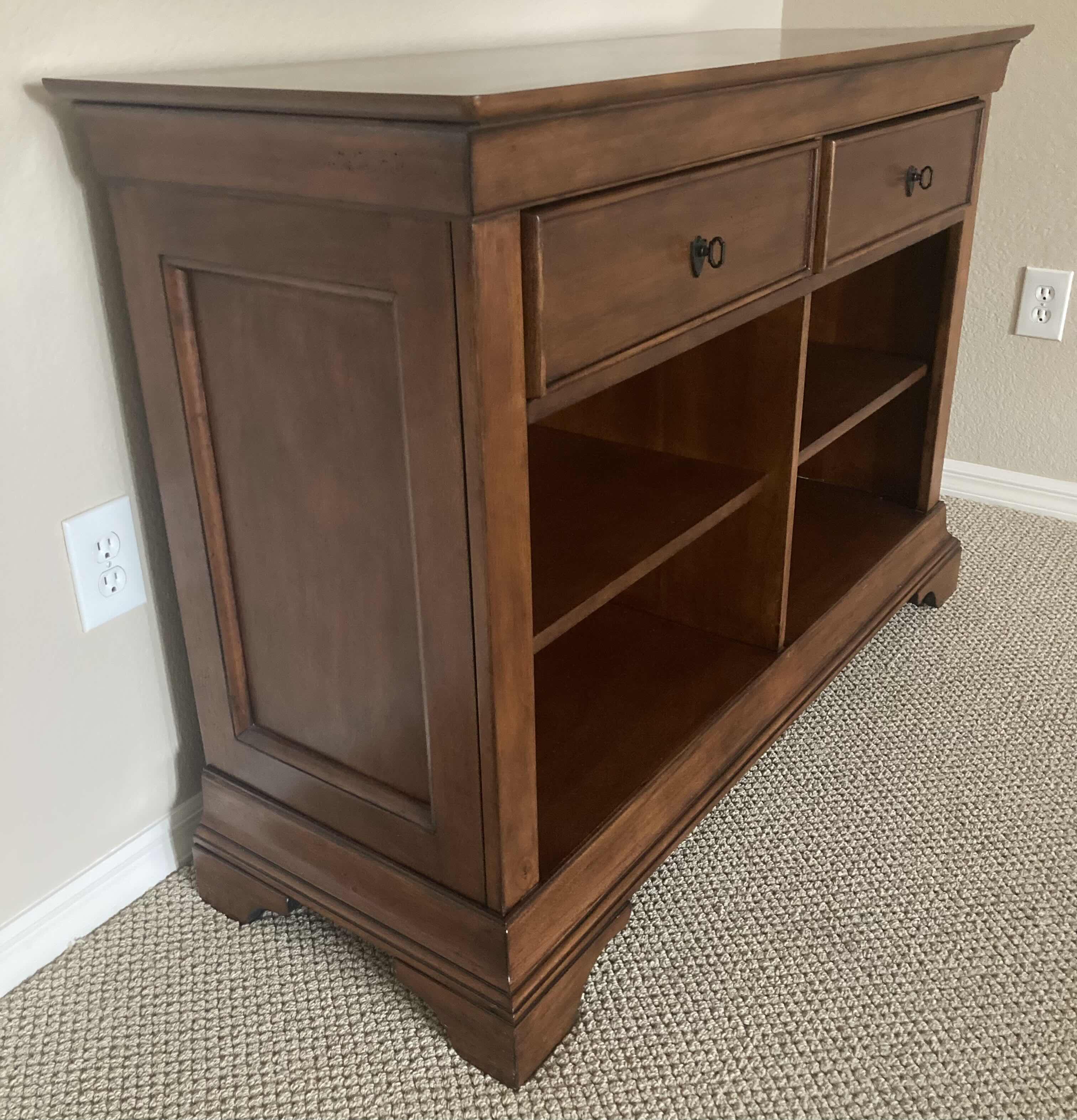 Photo 4 of SOLID WOOD 2-DRAWER & 2-SHELF OPEN CABINET CONSOLE TABLE 48” X 18” H34”