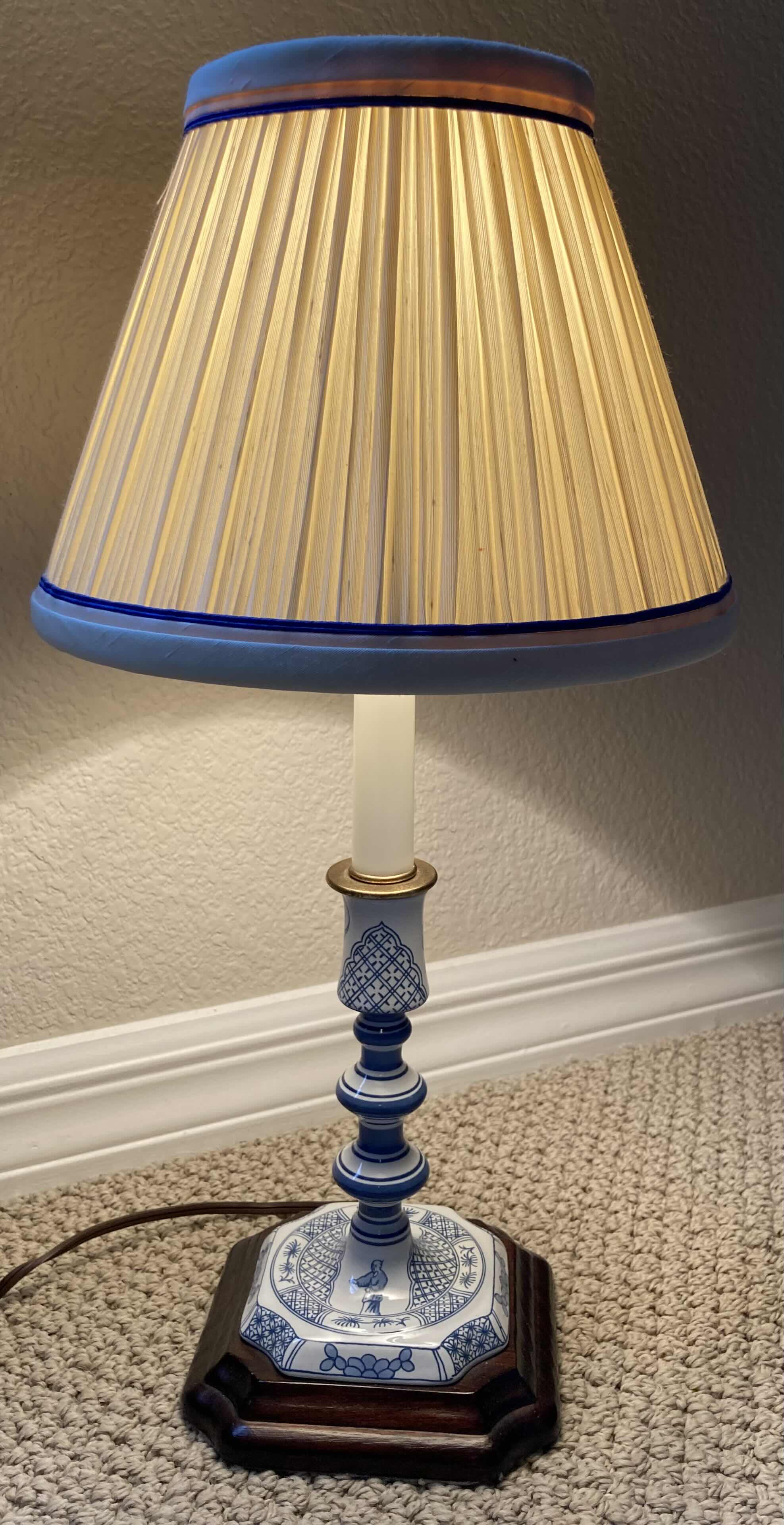 Photo 1 of VINTAGE CHINESE BLUE & WHITE PORCELAIN CANDLESTICK TABLE LAMP W WOOD FINISH BASE 9” X 9” H18”