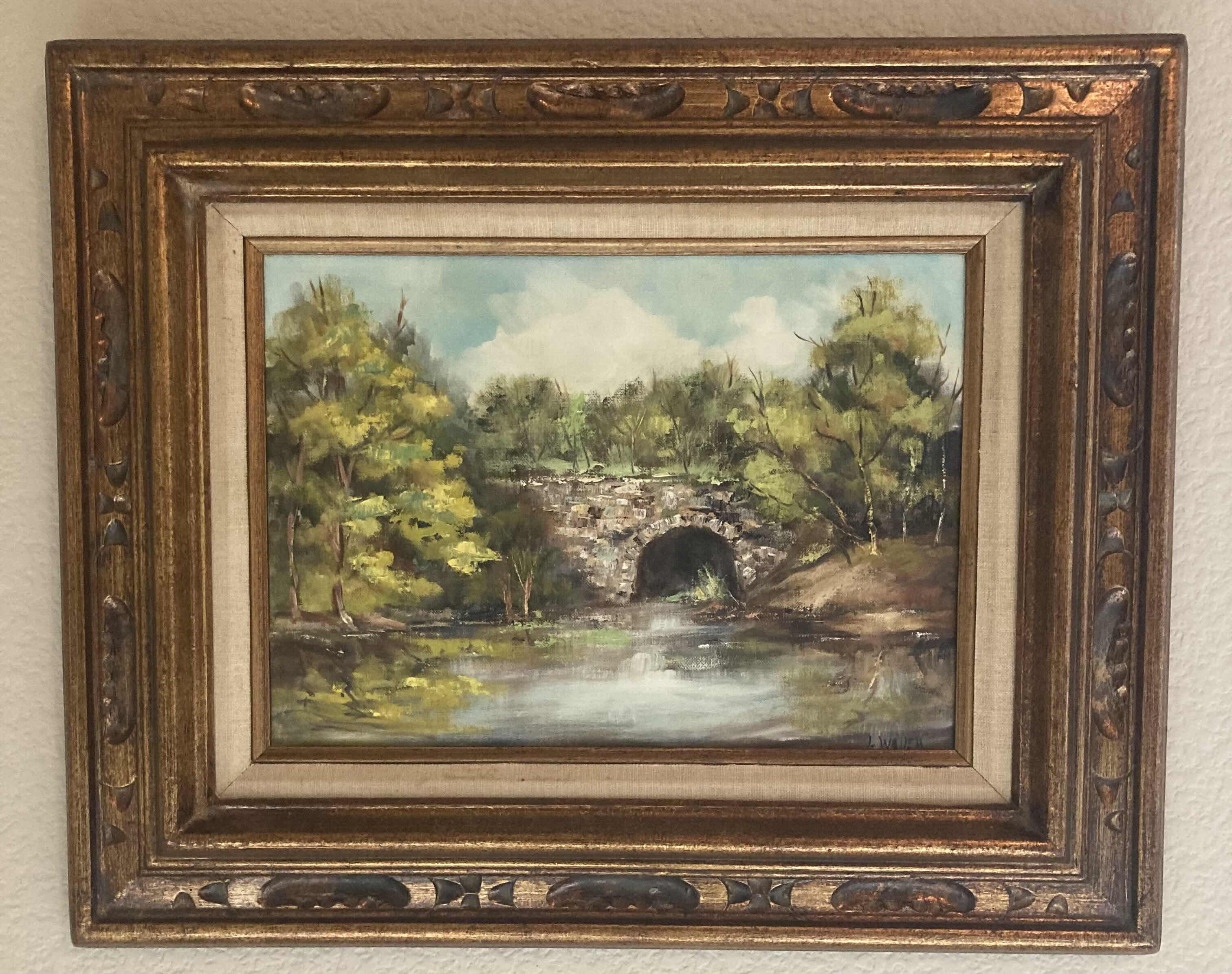 Photo 1 of STONE BRIDGE RIVER SCENE OIL PAINTING SIGNED BY L WALLEM FRAMED WALL ART 22” X  17.75”