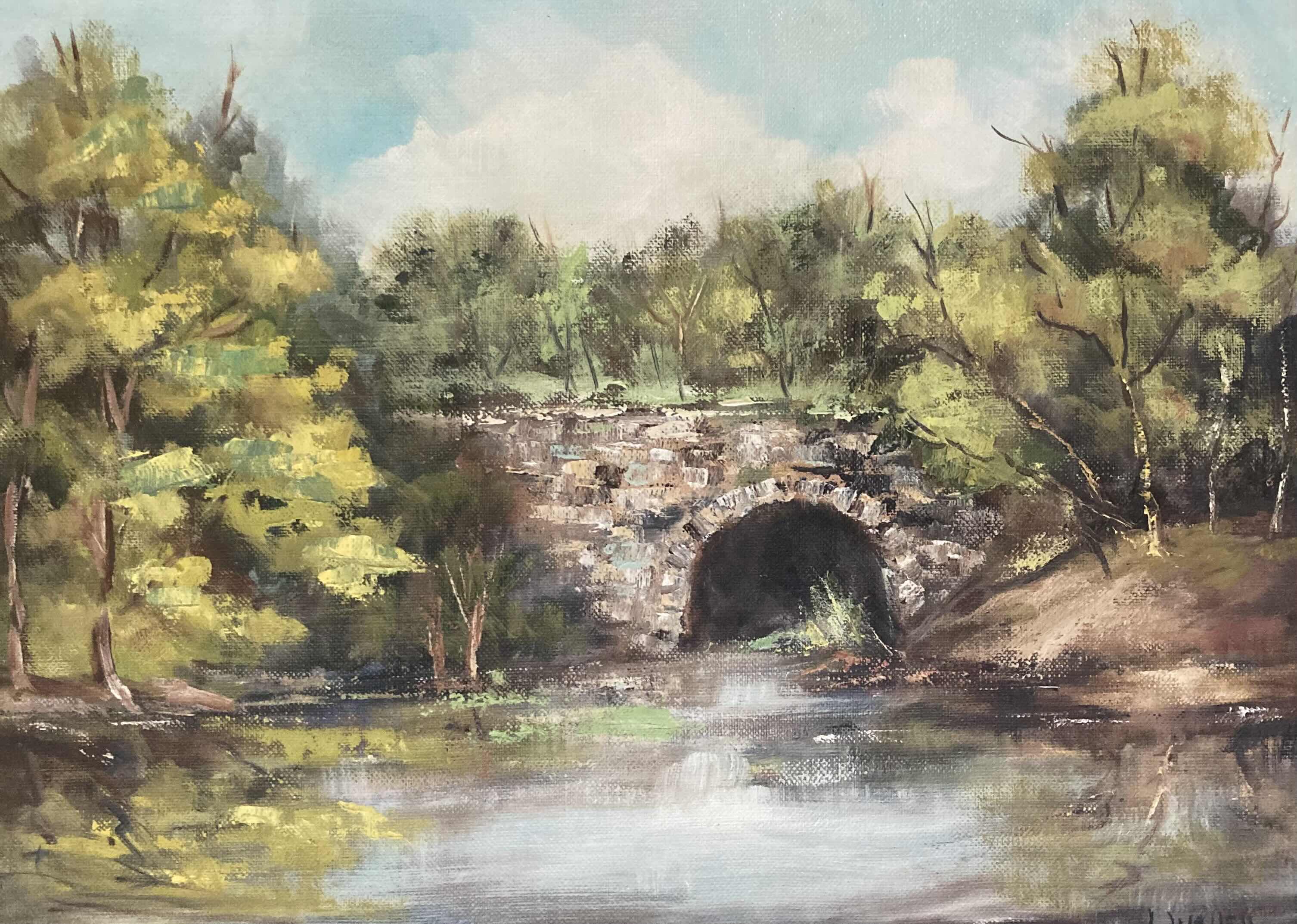 Photo 2 of STONE BRIDGE RIVER SCENE OIL PAINTING SIGNED BY L WALLEM FRAMED WALL ART 22” X  17.75”