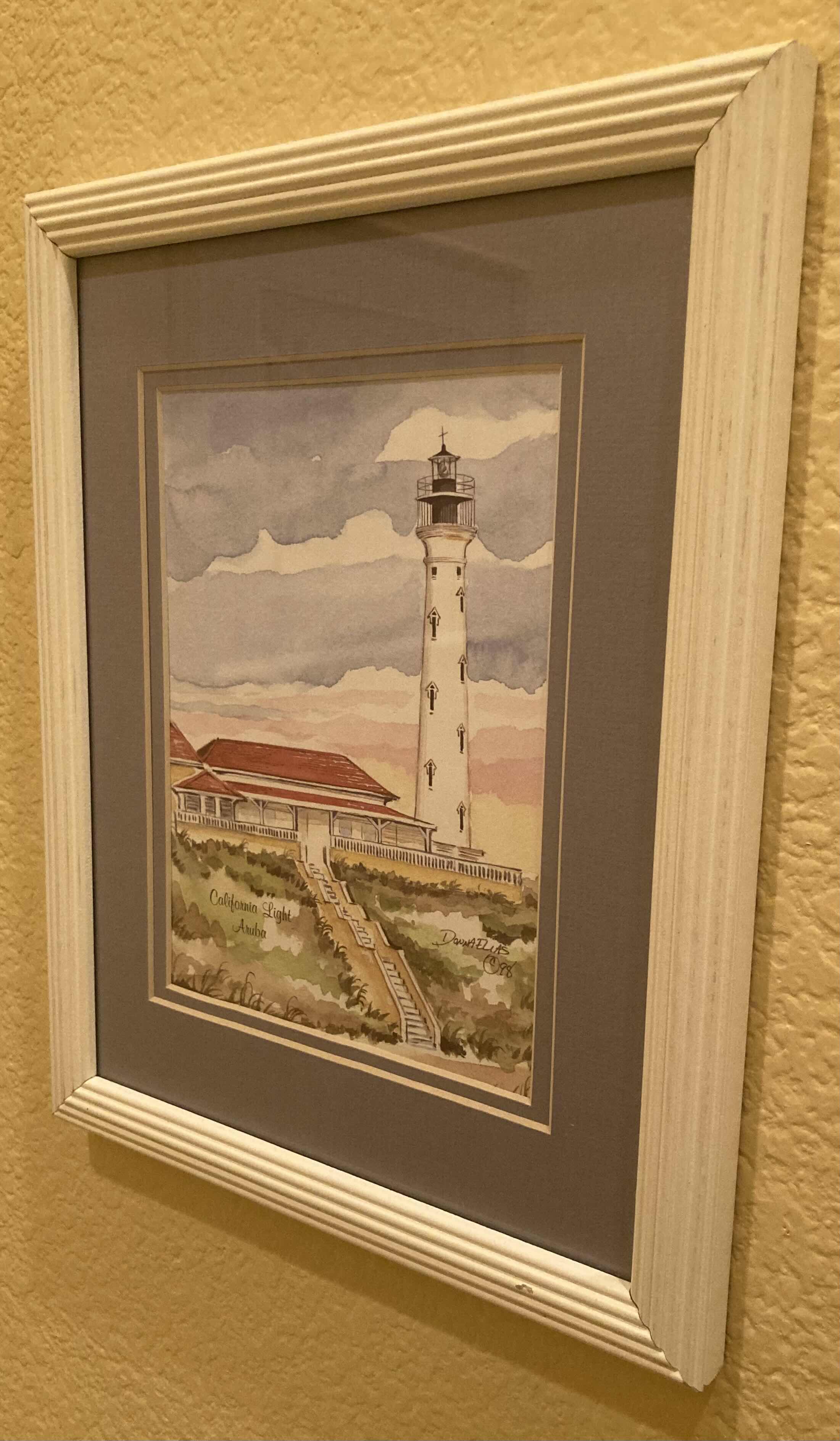 Photo 1 of CALIFORNIA LIGHTHOUSE ARUBA WATERCOLOR PAINTING REPRINT C98 SIGNED BY DONNA ELIAS FRAMED WALL ART 10” X 12.3”