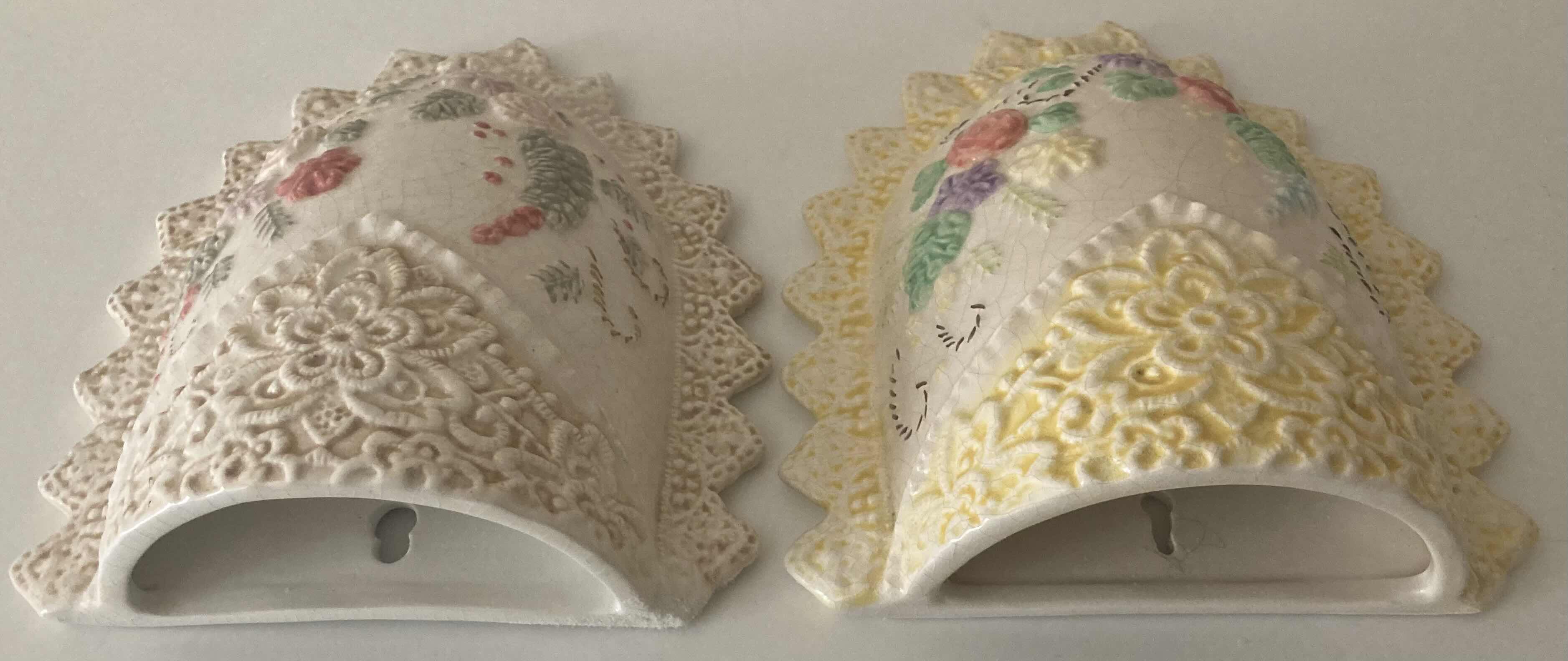 Photo 4 of VINTAGE VICTORIAN CERAMIC FLOWER & LACE WALL POCKET VASES 7” X 8”