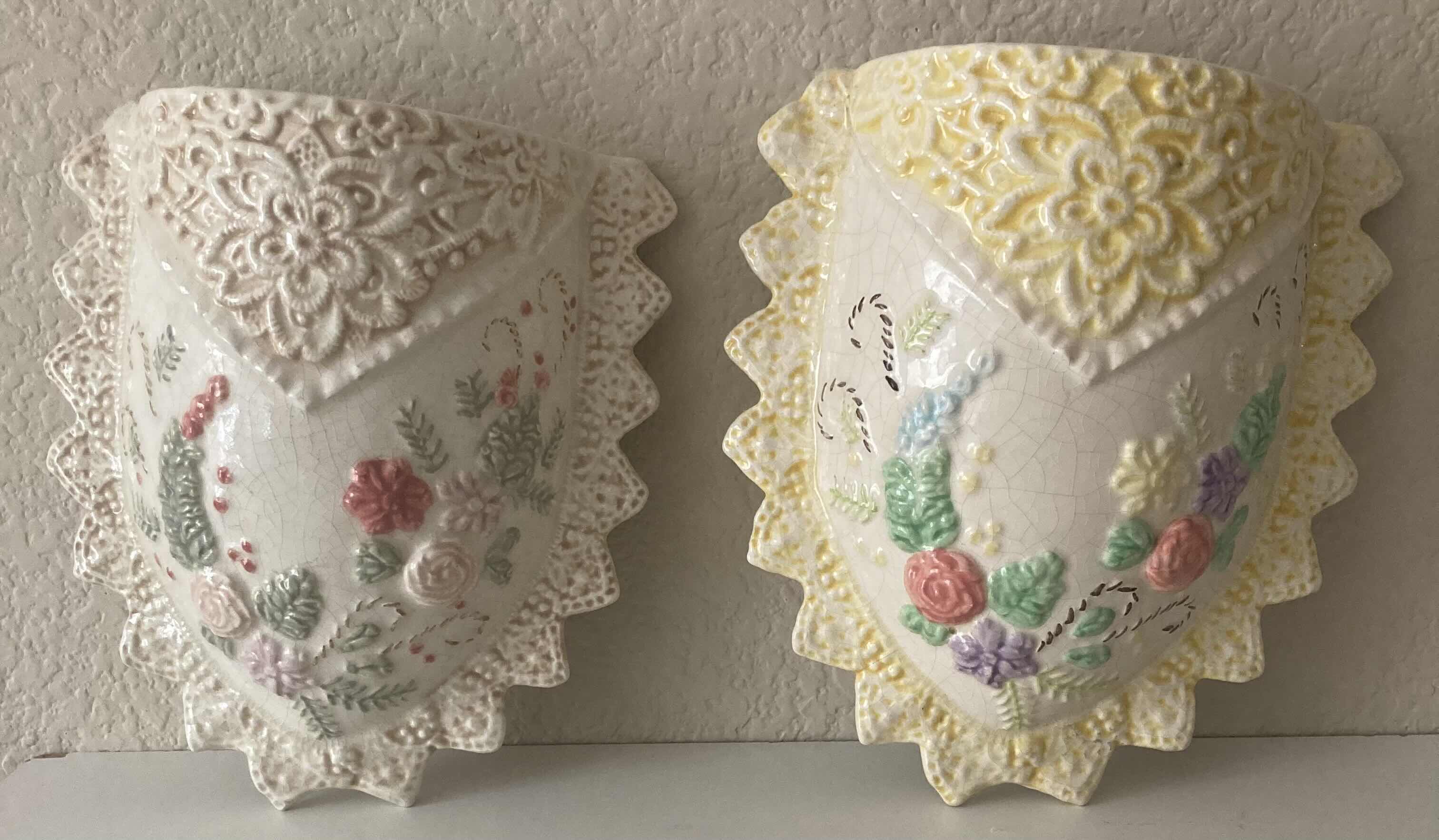 Photo 1 of VINTAGE VICTORIAN CERAMIC FLOWER & LACE WALL POCKET VASES 7” X 8”