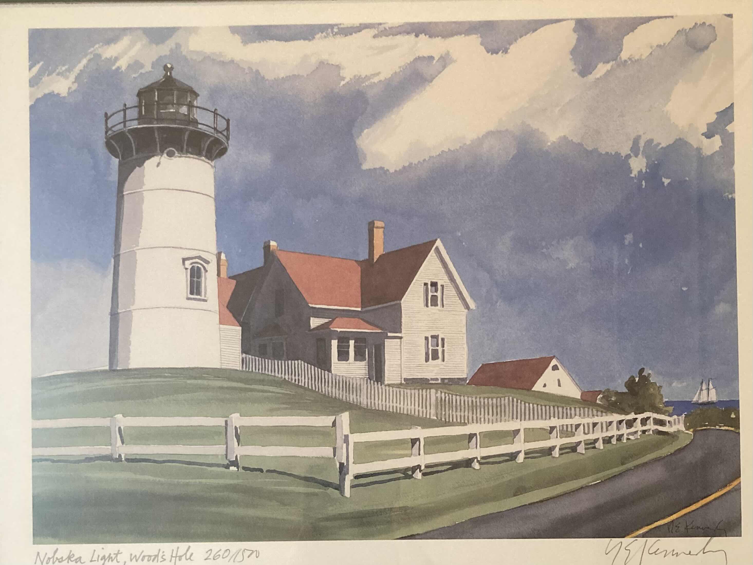 Photo 2 of NOBSKA LIGHTHOUSE WATERCOLOR PAINTING PRINT  260/1500 SIGNED BY R.E. KENNEDY FRAMED WALL ART 21.75” X 17.6”