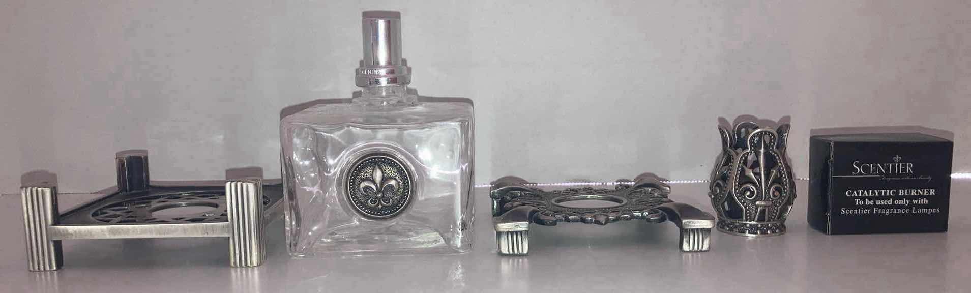 Photo 3 of SCENTIER FLEUR DE LIS GLASS FRAGRANCE LAMP DIFFUSER W SILVER FINISH BASE & TOP MOLD 3.75” X 3.75” H5”