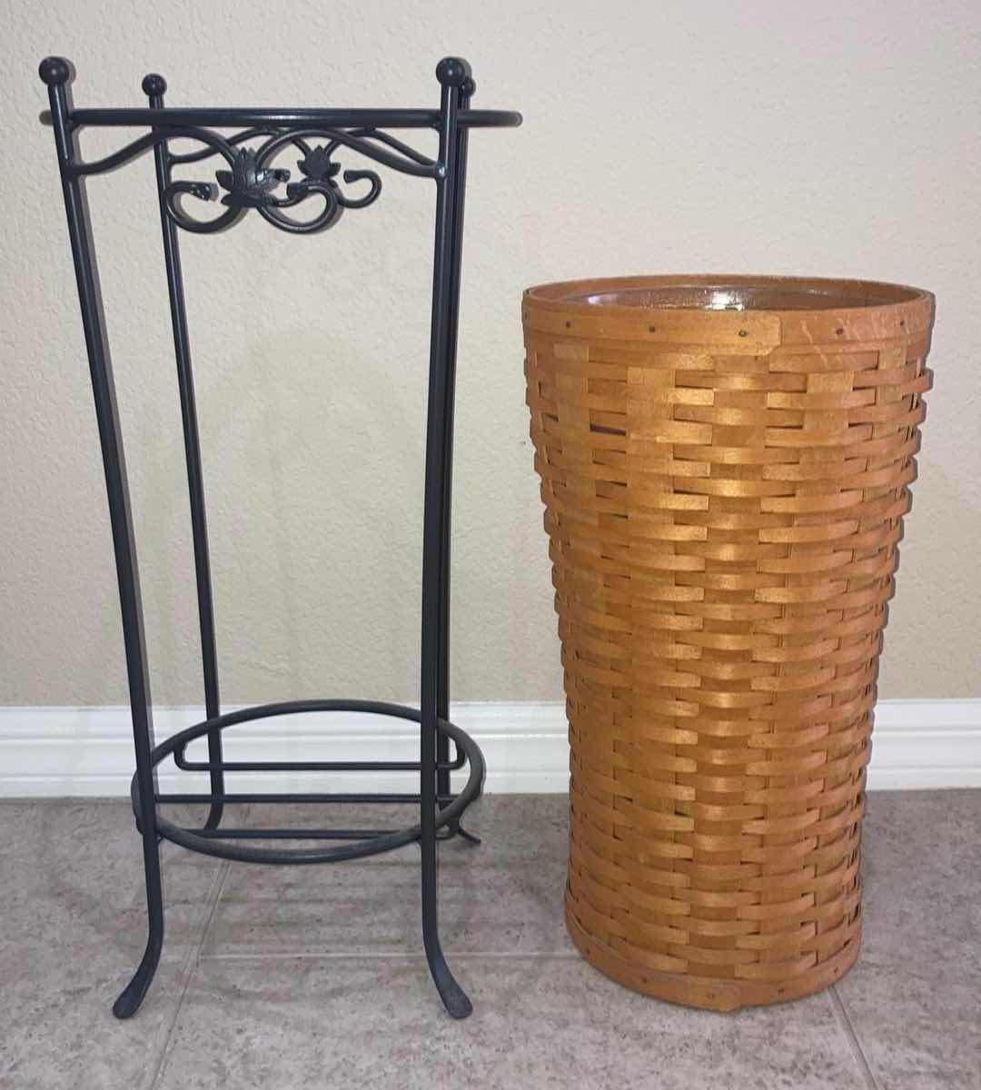 Photo 3 of LONGERABERGER HOSTESS UMBRELLA MAPLE WOOD BASKET W BLACK WROUGHT IRON STAND & BASKET PROTECTOR 11.5” X 11.5” H22.75”