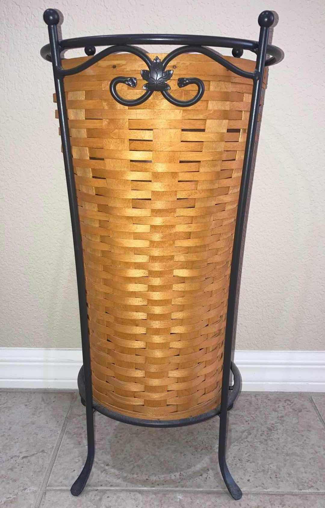 Photo 1 of LONGERABERGER HOSTESS UMBRELLA MAPLE WOOD BASKET W BLACK WROUGHT IRON STAND & BASKET PROTECTOR 11.5” X 11.5” H22.75”