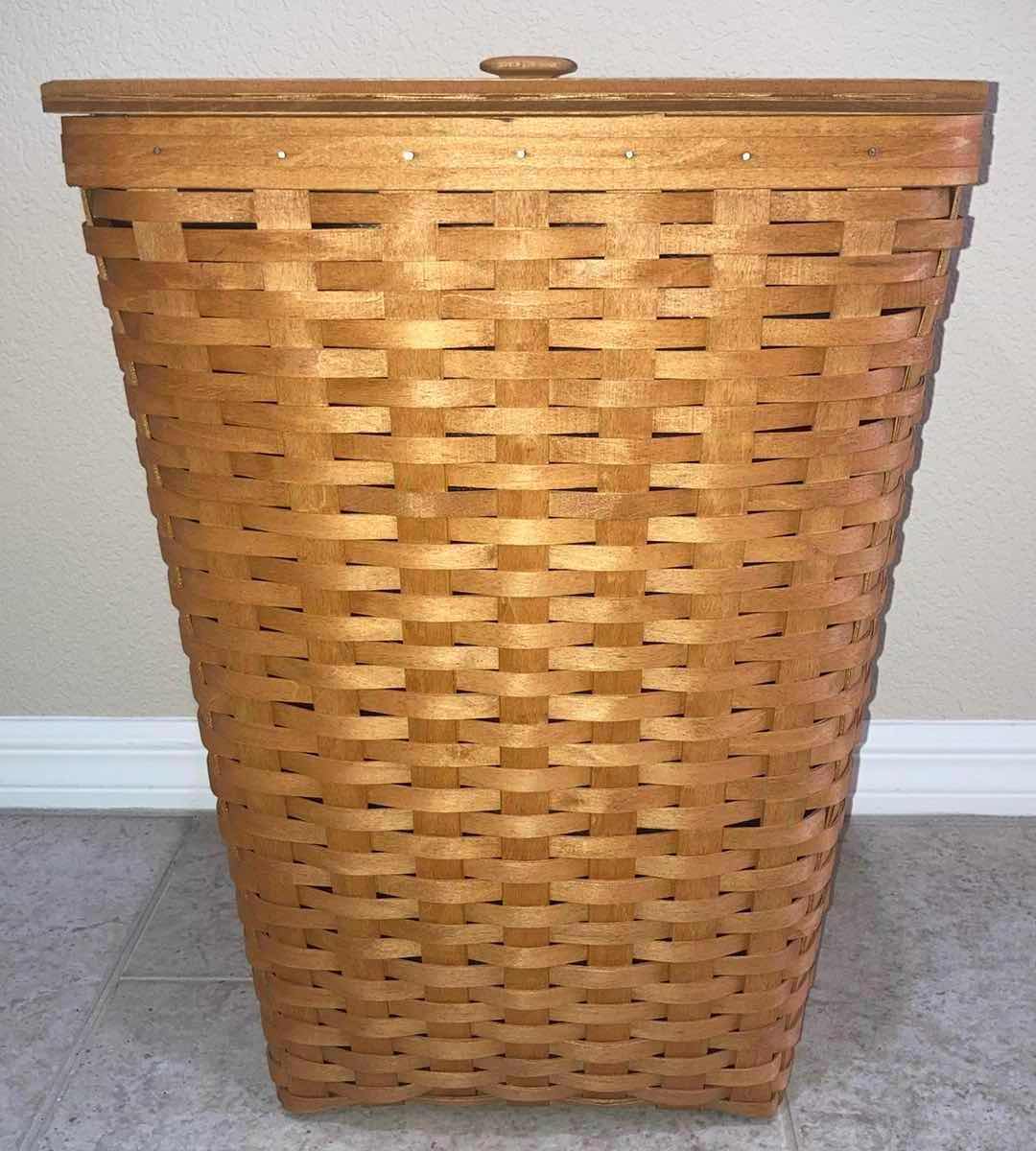 Photo 1 of LONGABERGER MAPLE WOOD LAUNDRY HAMPER W LID & BASKET PROTECTOR 17” X 17” H22.25”