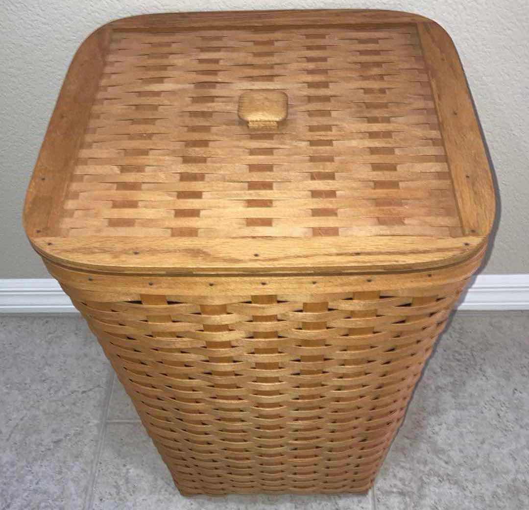 Photo 2 of LONGABERGER MAPLE WOOD LAUNDRY HAMPER W LID & BASKET PROTECTOR 17” X 17” H22.25”