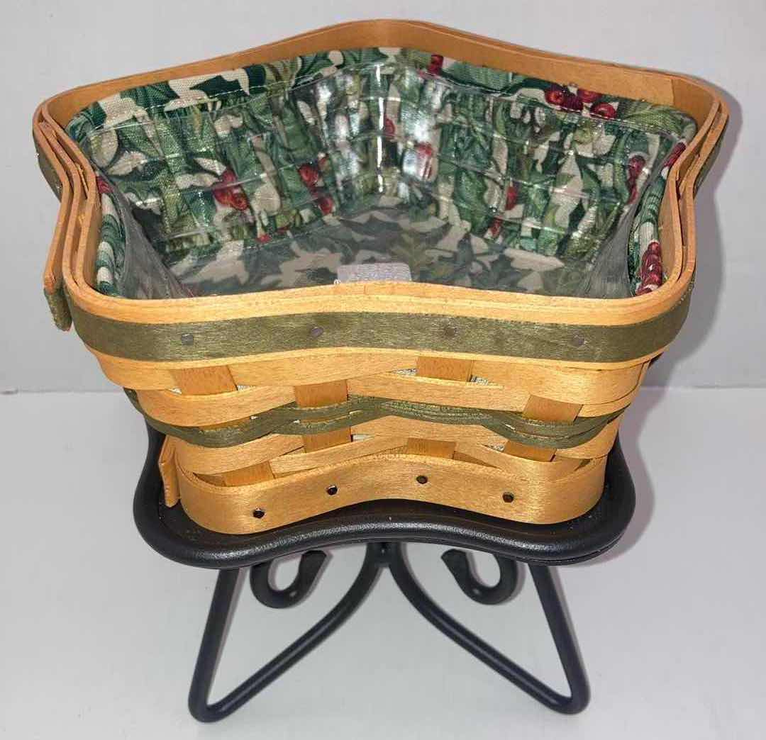 Photo 1 of LONGABERGER GREEN SHINING STAR MAPLE WOOD BASKET W BLACK WROUGHT IRON STAND & BASKET PROTECTOR 8” X 7.5” H8”