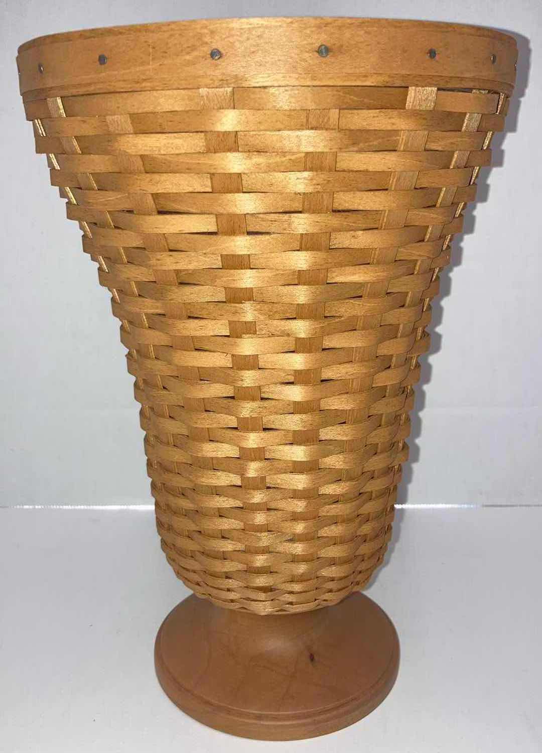 Photo 1 of NEW LONGABERGER 2003 COLLECTORS CLUB FLORAL MAPLE WOOD VASE BASKET 7.5” X 7.5” H11”