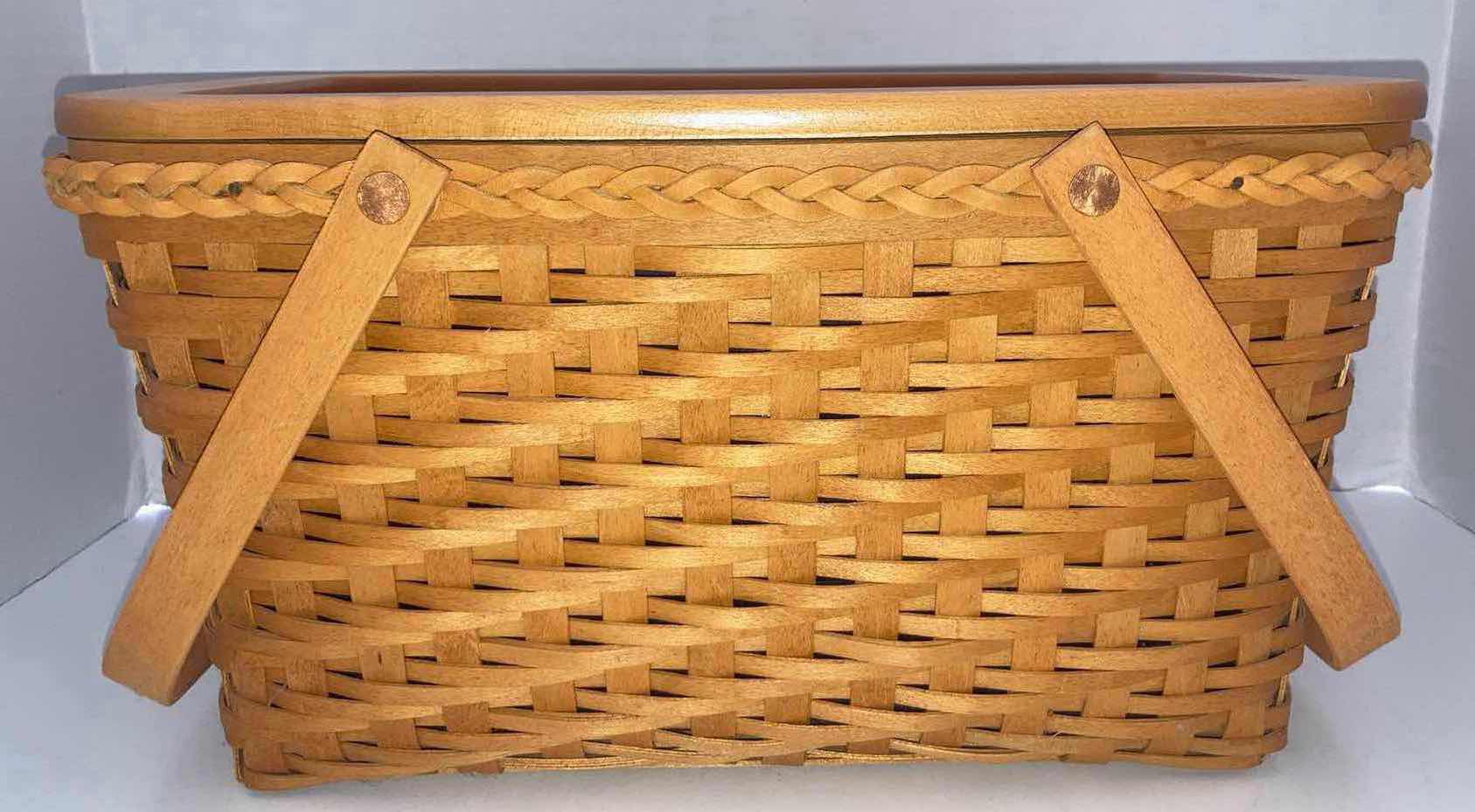 Photo 5 of LONGABERGER 2000 FOUNDERS MARKET MAPLE WOOD BASKET W LID AND BASKET PROTECTOR 14.75” X 10” H8”