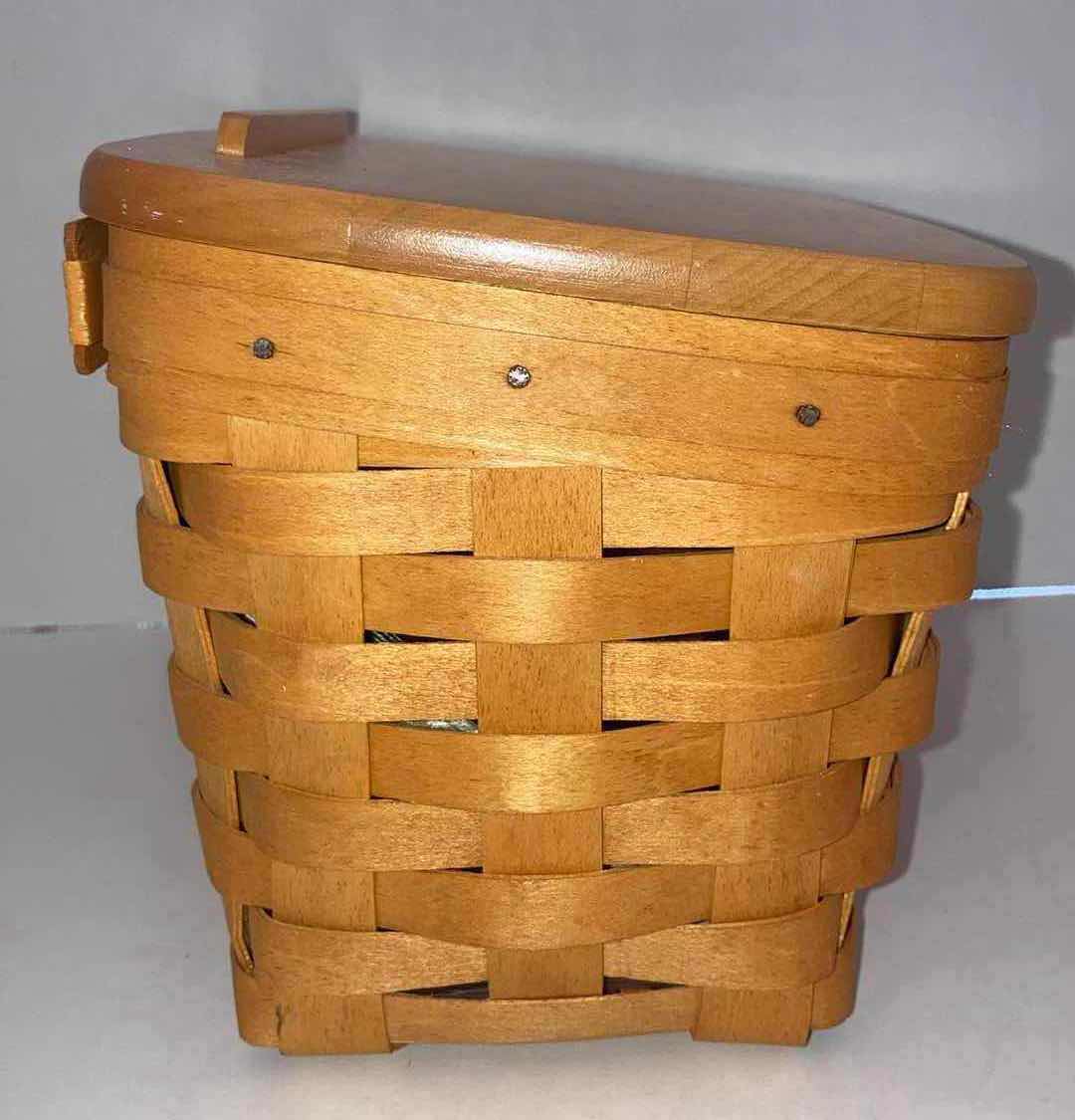 Photo 4 of LONGABERGER CLASSIC RECIPE MAPLE WOOD BASKET W LID & BASKET PROTECTOR 8.5” X 6” H6”