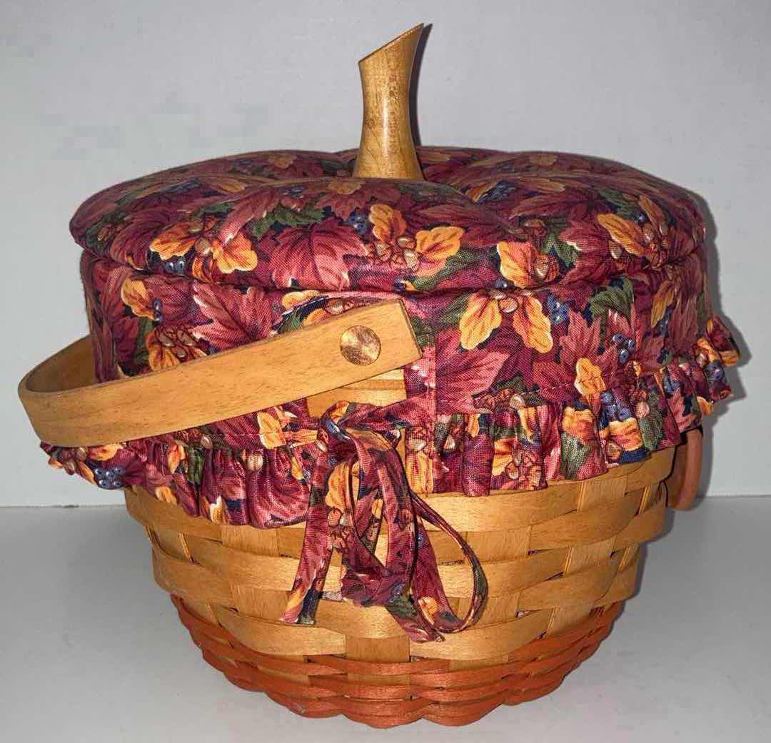 Photo 3 of LONGABERGER 1995 PUMPKIN SHAPE MAPLE WOOD BASKET W FALL FOLIAGE FABRIC LINER & BASKET PROTECTOR 9.25” X 9.25” H7.25”