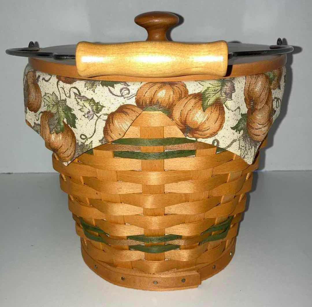 Photo 5 of LONGABERGER SAGE AUTUMN PAIL MAPLE WOOD BASKET W PUMPKIN PATCH FABRIC LINER & BASKET PROTECTOR 8” X 8” H8.5”