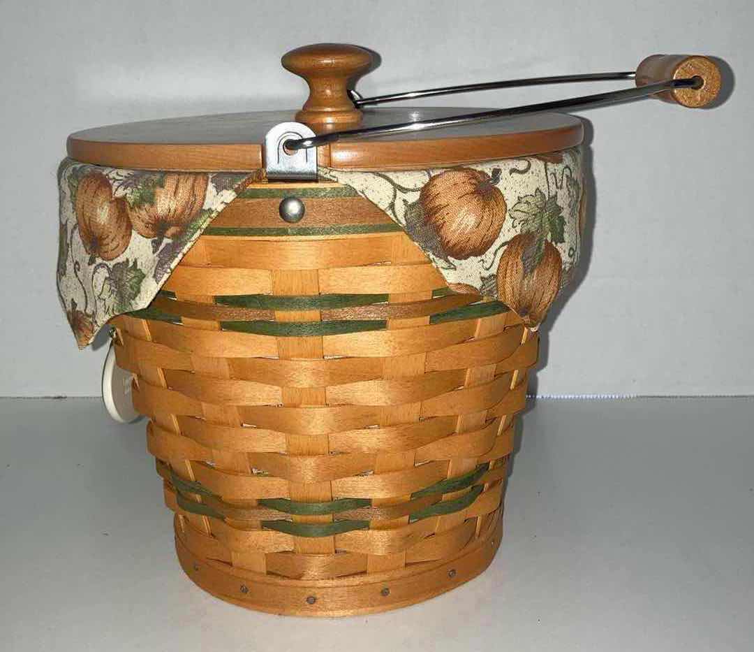 Photo 3 of LONGABERGER SAGE AUTUMN PAIL MAPLE WOOD BASKET W PUMPKIN PATCH FABRIC LINER & BASKET PROTECTOR 8” X 8” H8.5”