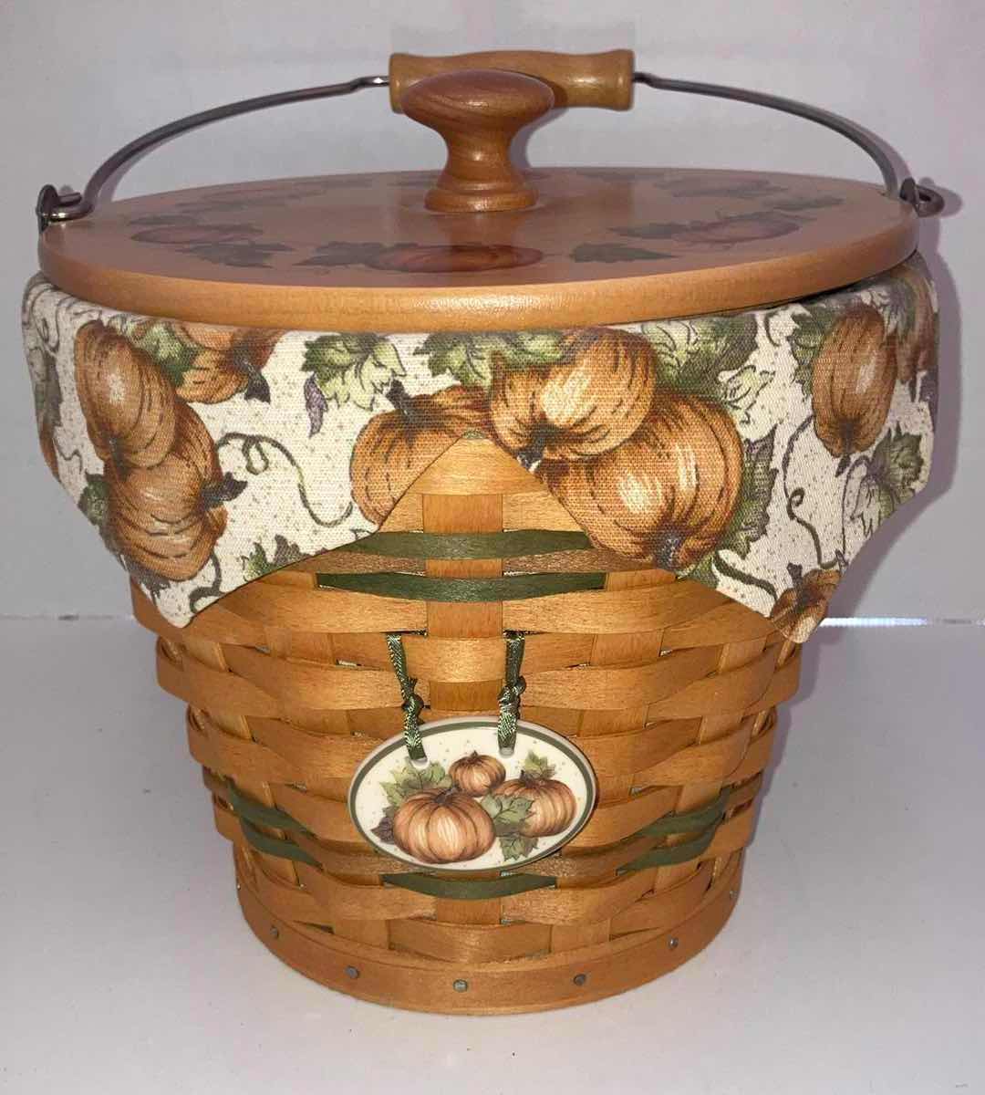 Photo 1 of LONGABERGER SAGE AUTUMN PAIL MAPLE WOOD BASKET W PUMPKIN PATCH FABRIC LINER & BASKET PROTECTOR 8” X 8” H8.5”