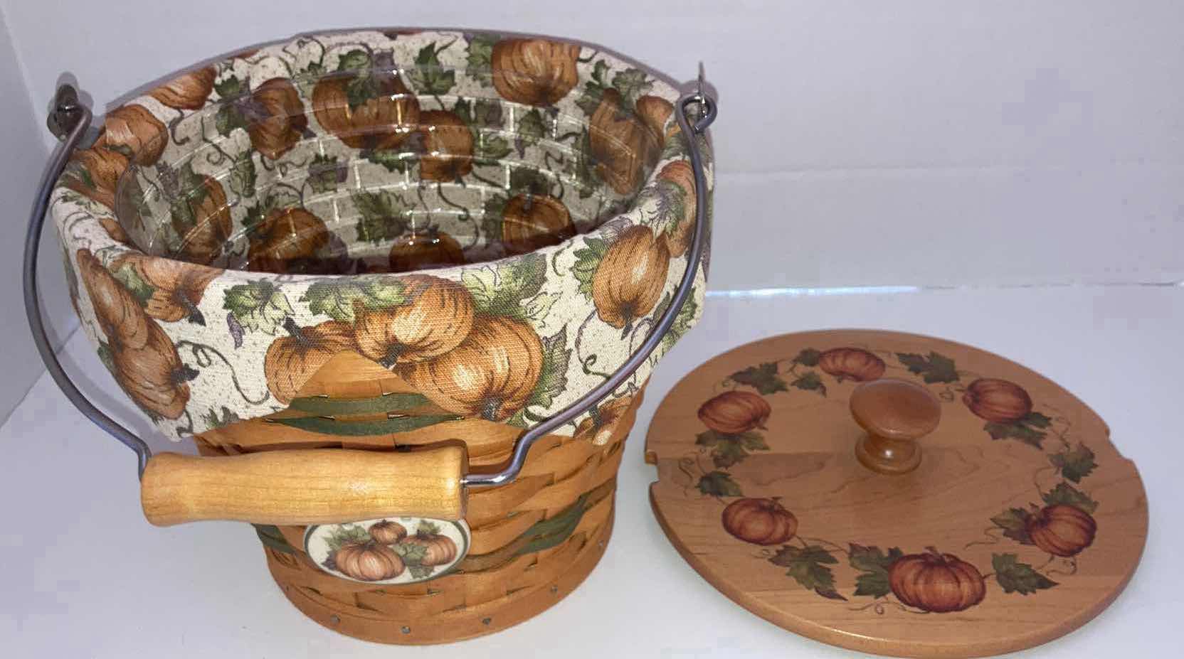 Photo 2 of LONGABERGER SAGE AUTUMN PAIL MAPLE WOOD BASKET W PUMPKIN PATCH FABRIC LINER & BASKET PROTECTOR 8” X 8” H8.5”