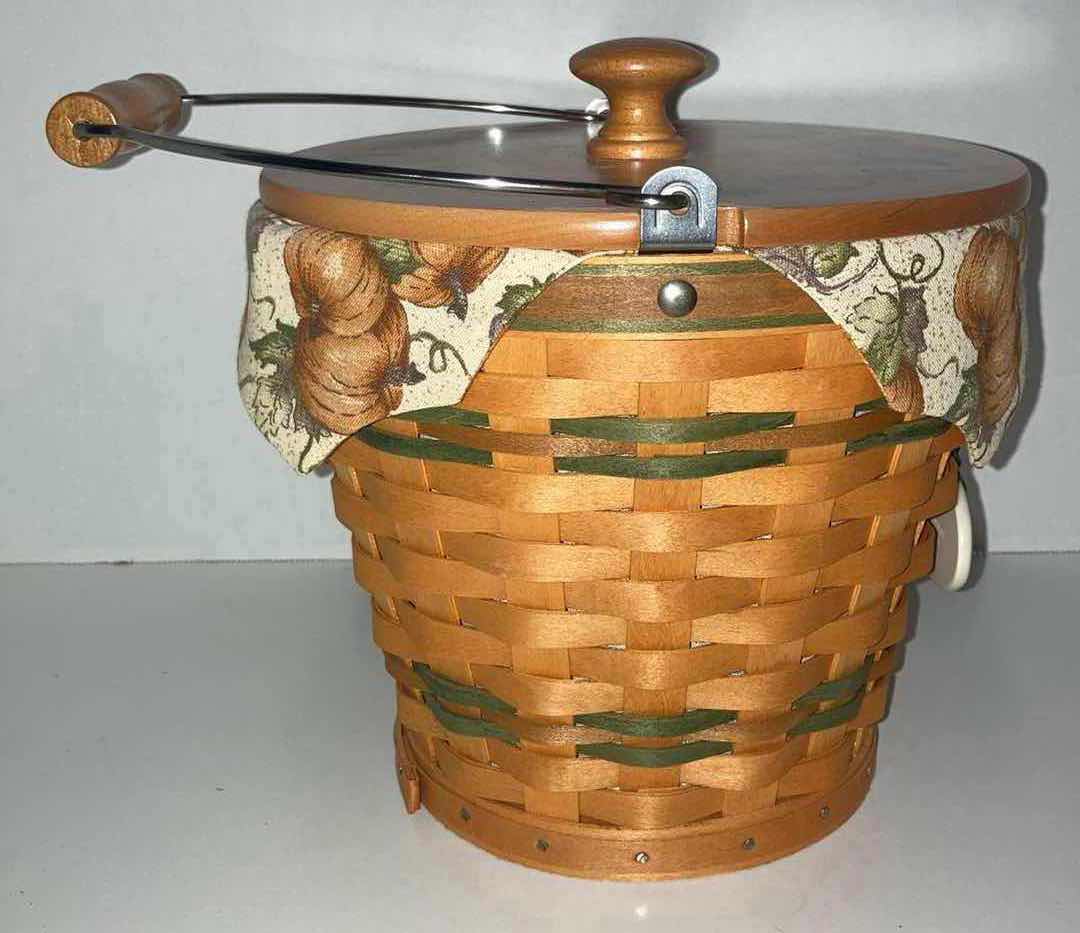 Photo 4 of LONGABERGER SAGE AUTUMN PAIL MAPLE WOOD BASKET W PUMPKIN PATCH FABRIC LINER & BASKET PROTECTOR 8” X 8” H8.5”