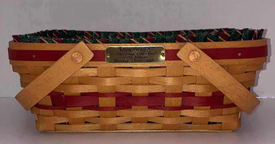 Photo 1 of LONGABERGER CHRISTMAS COLLECTION HOLIDAY CHEER MAPLE WOOD BASKET W CHRISTMAS FABRIC LINER & BASKET PROTECTOR 12” X 8.25” H4.5”