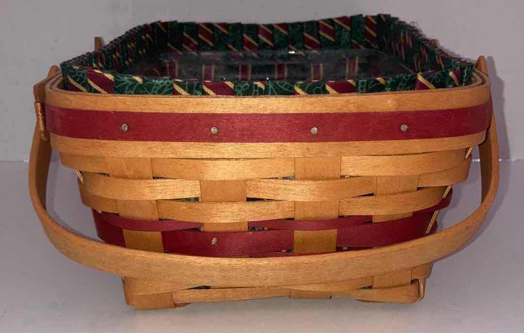 Photo 4 of LONGABERGER CHRISTMAS COLLECTION HOLIDAY CHEER MAPLE WOOD BASKET W CHRISTMAS FABRIC LINER & BASKET PROTECTOR 12” X 8.25” H4.5”