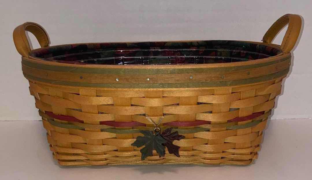 Photo 1 of LONGABERGER DAILY BLESSINGS MAPLE WOOD BASKET W AUTUMN LEAVES FABRIC LINER & BASKET PROTECTOR 13” X 9.75” H6.75”