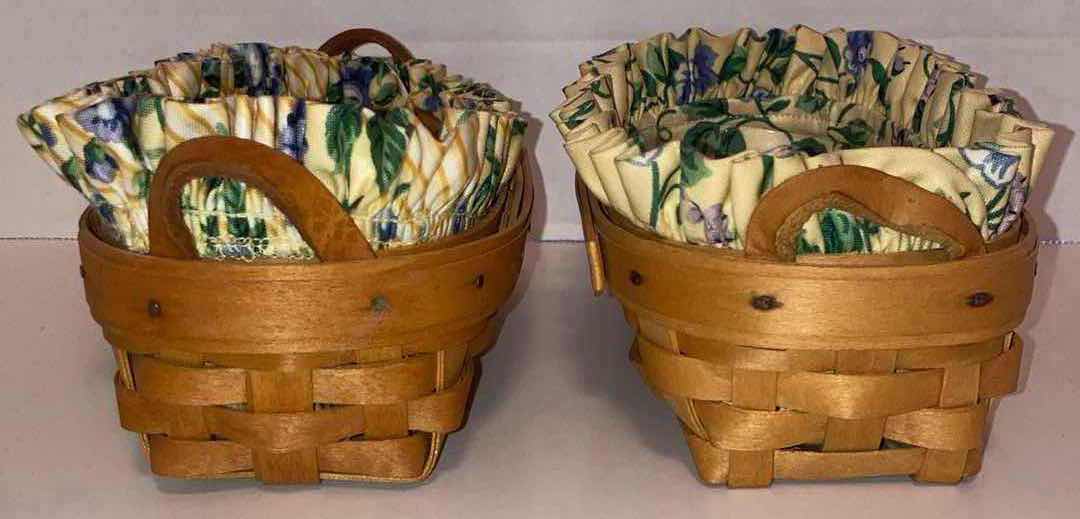 Photo 2 of LONGABERGER LAVENDER BOOKING MAPLE WOOD BASKETS W FLORAL FABRIC LINER & BASKET PROTECTOR 8” X 4.5” H3.5”