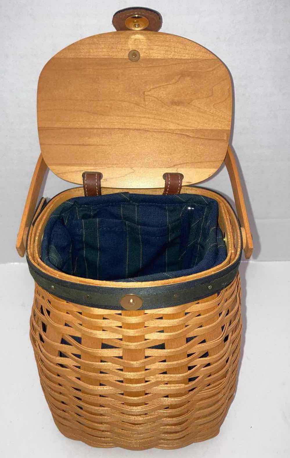 Photo 2 of LONGABERGER 2001 5 YEAR ANNIVERSARY MAPLE WOOD BASKET W BLUE FABRIC LINER 6.5” X 5.5” H8.5”