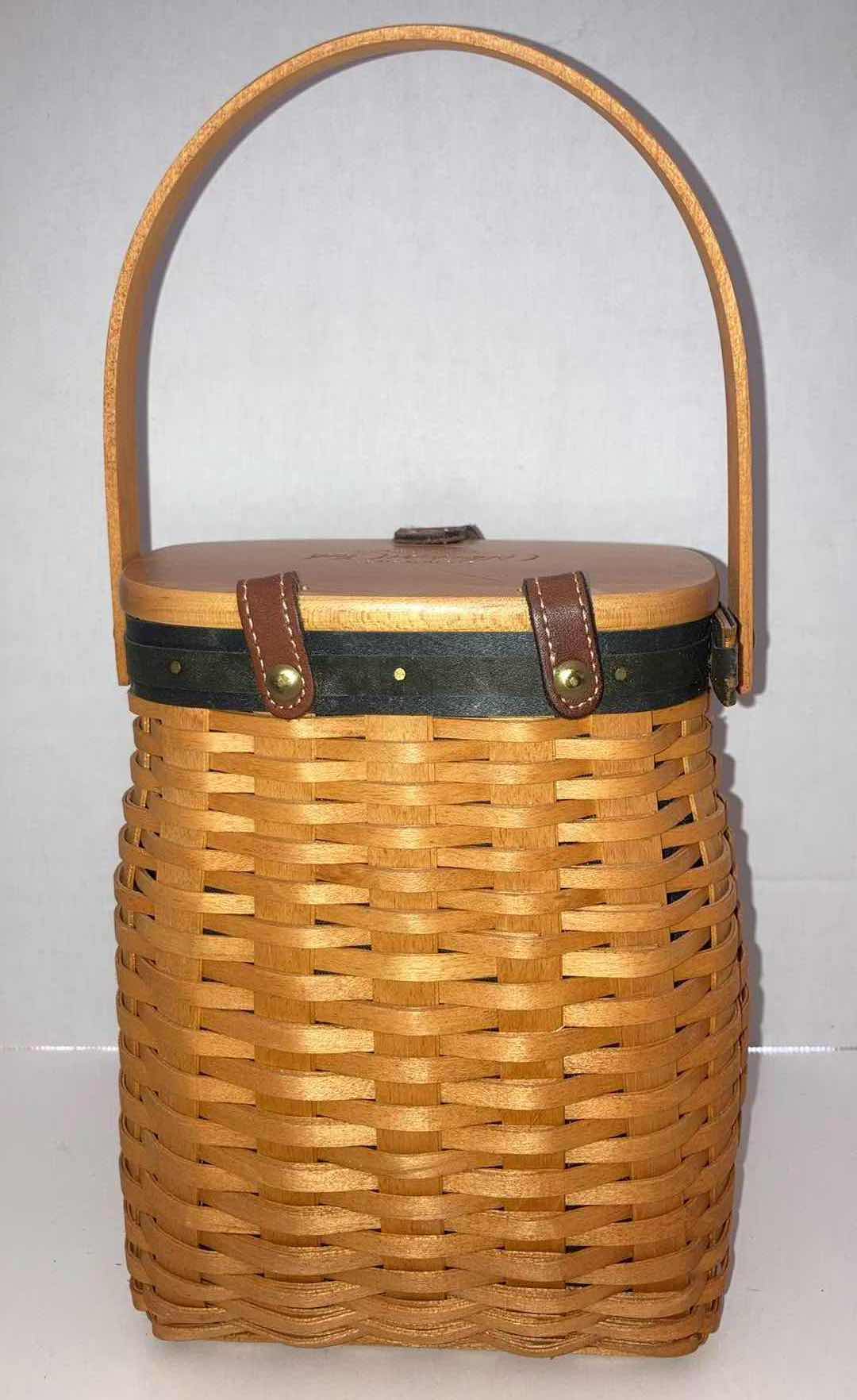 Photo 5 of LONGABERGER 2001 5 YEAR ANNIVERSARY MAPLE WOOD BASKET W BLUE FABRIC LINER 6.5” X 5.5” H8.5”