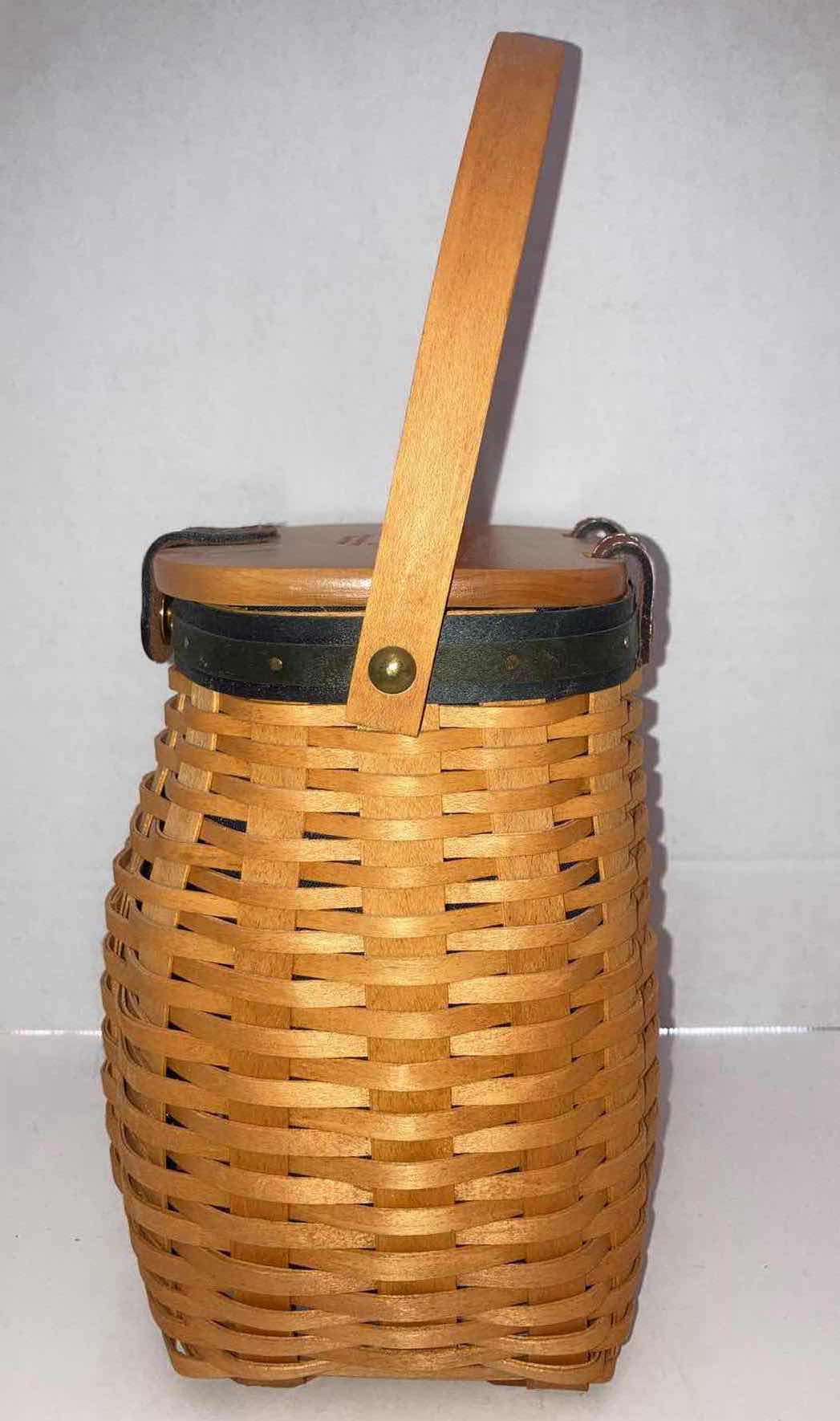 Photo 3 of LONGABERGER 2001 5 YEAR ANNIVERSARY MAPLE WOOD BASKET W BLUE FABRIC LINER 6.5” X 5.5” H8.5”