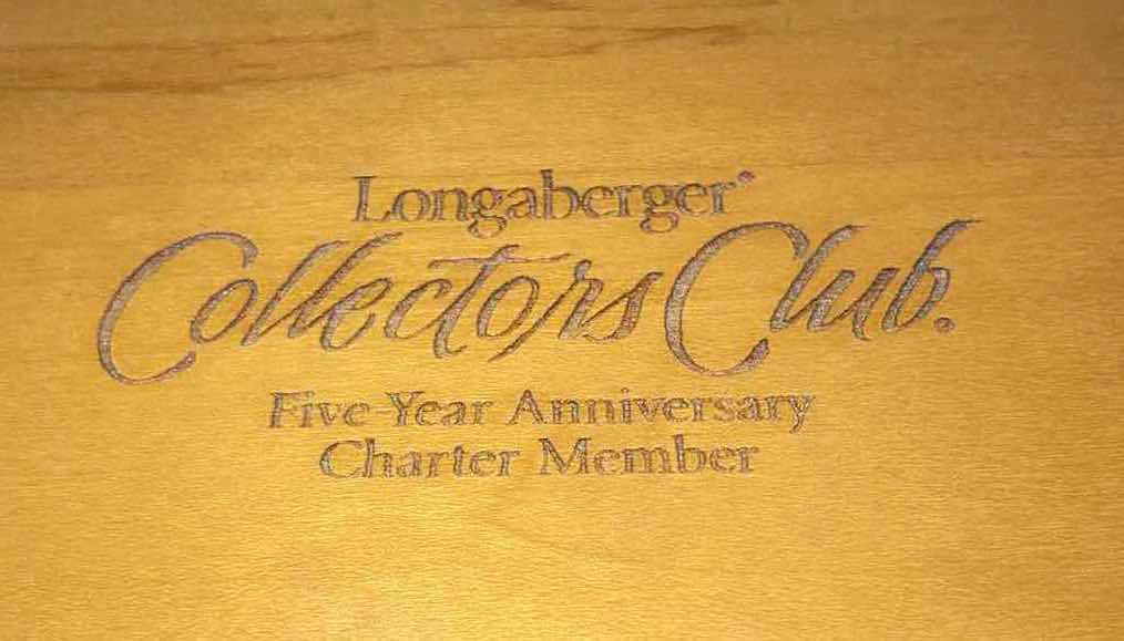 Photo 6 of LONGABERGER 2001 5 YEAR ANNIVERSARY MAPLE WOOD BASKET W BLUE FABRIC LINER 6.5” X 5.5” H8.5”