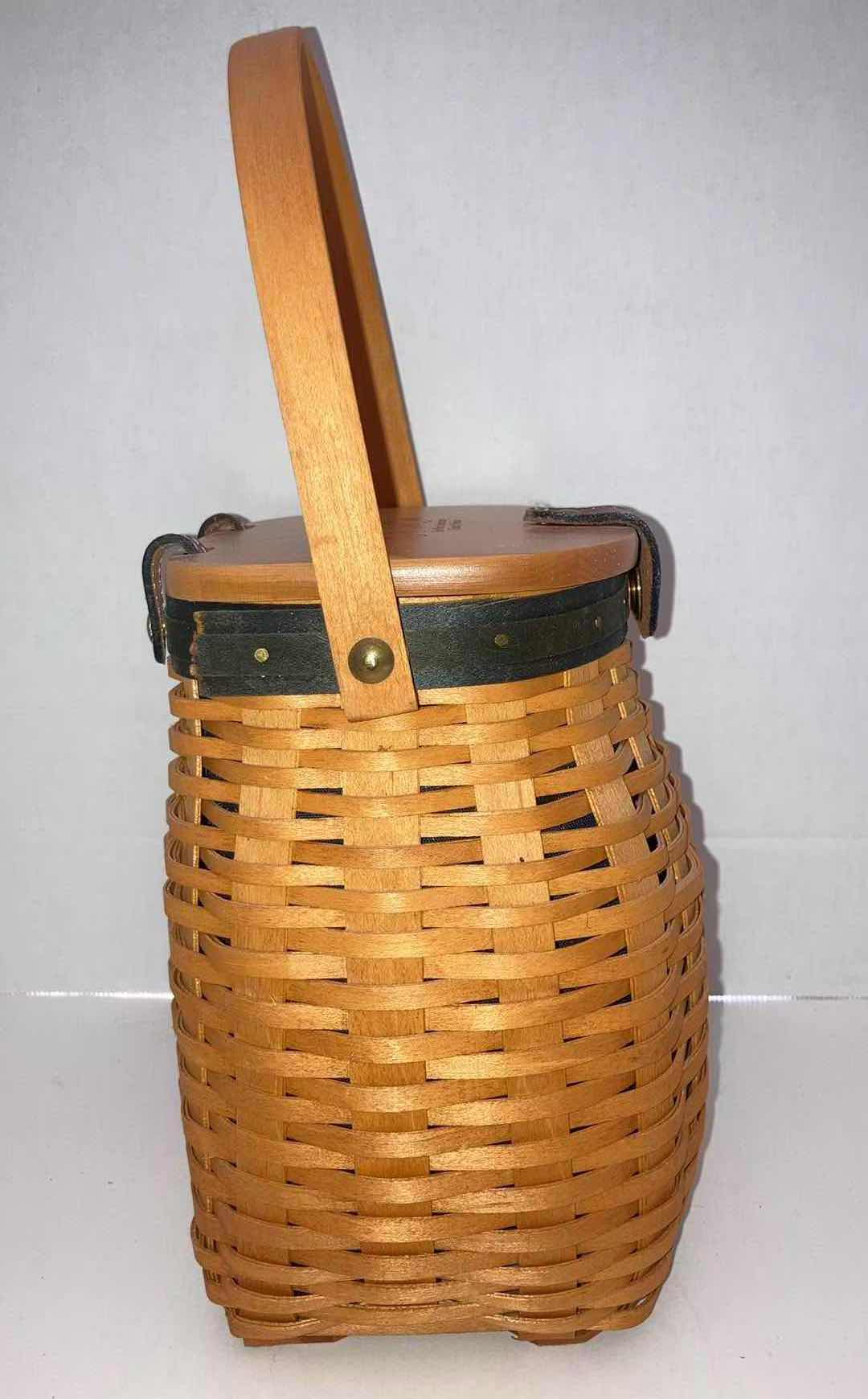 Photo 4 of LONGABERGER 2001 5 YEAR ANNIVERSARY MAPLE WOOD BASKET W BLUE FABRIC LINER 6.5” X 5.5” H8.5”