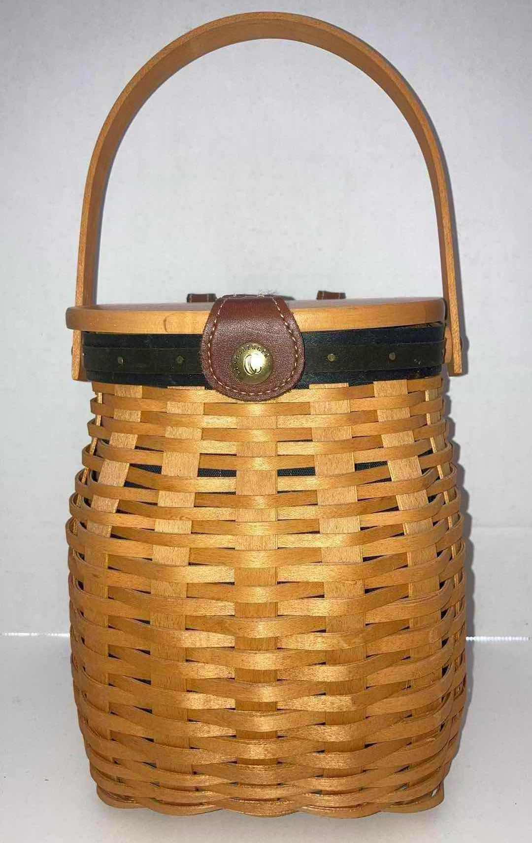 Photo 1 of LONGABERGER 2001 5 YEAR ANNIVERSARY MAPLE WOOD BASKET W BLUE FABRIC LINER 6.5” X 5.5” H8.5”