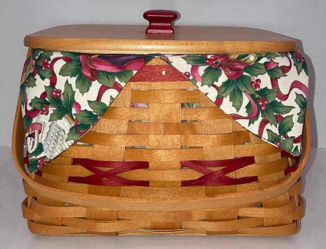 Photo 5 of LONGABERGER 2000 CHRISTMAS COLLECTION DECK THE HALLS MAPLE WOOD BASKET W MISTLETOE FABRIC LINER & BASKET PROTECTOR 9” X 9” H6.5”