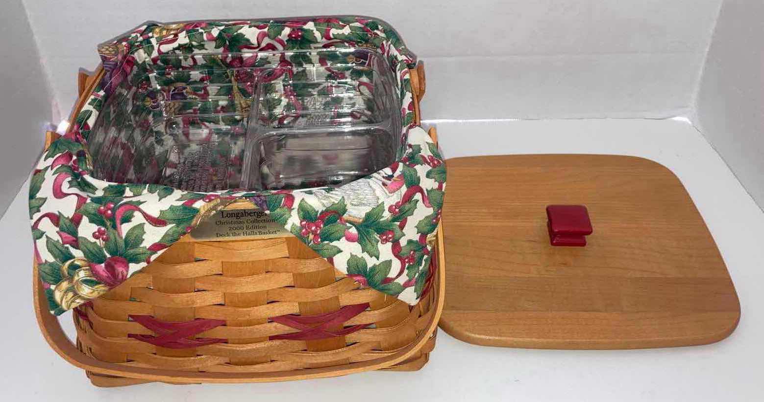 Photo 2 of LONGABERGER 2000 CHRISTMAS COLLECTION DECK THE HALLS MAPLE WOOD BASKET W MISTLETOE FABRIC LINER & BASKET PROTECTOR 9” X 9” H6.5”