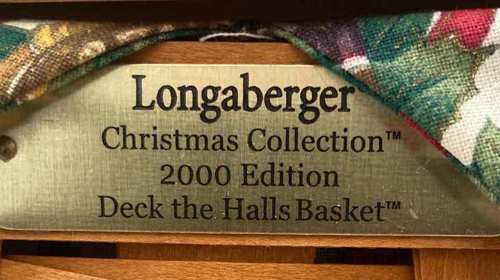 Photo 6 of LONGABERGER 2000 CHRISTMAS COLLECTION DECK THE HALLS MAPLE WOOD BASKET W MISTLETOE FABRIC LINER & BASKET PROTECTOR 9” X 9” H6.5”