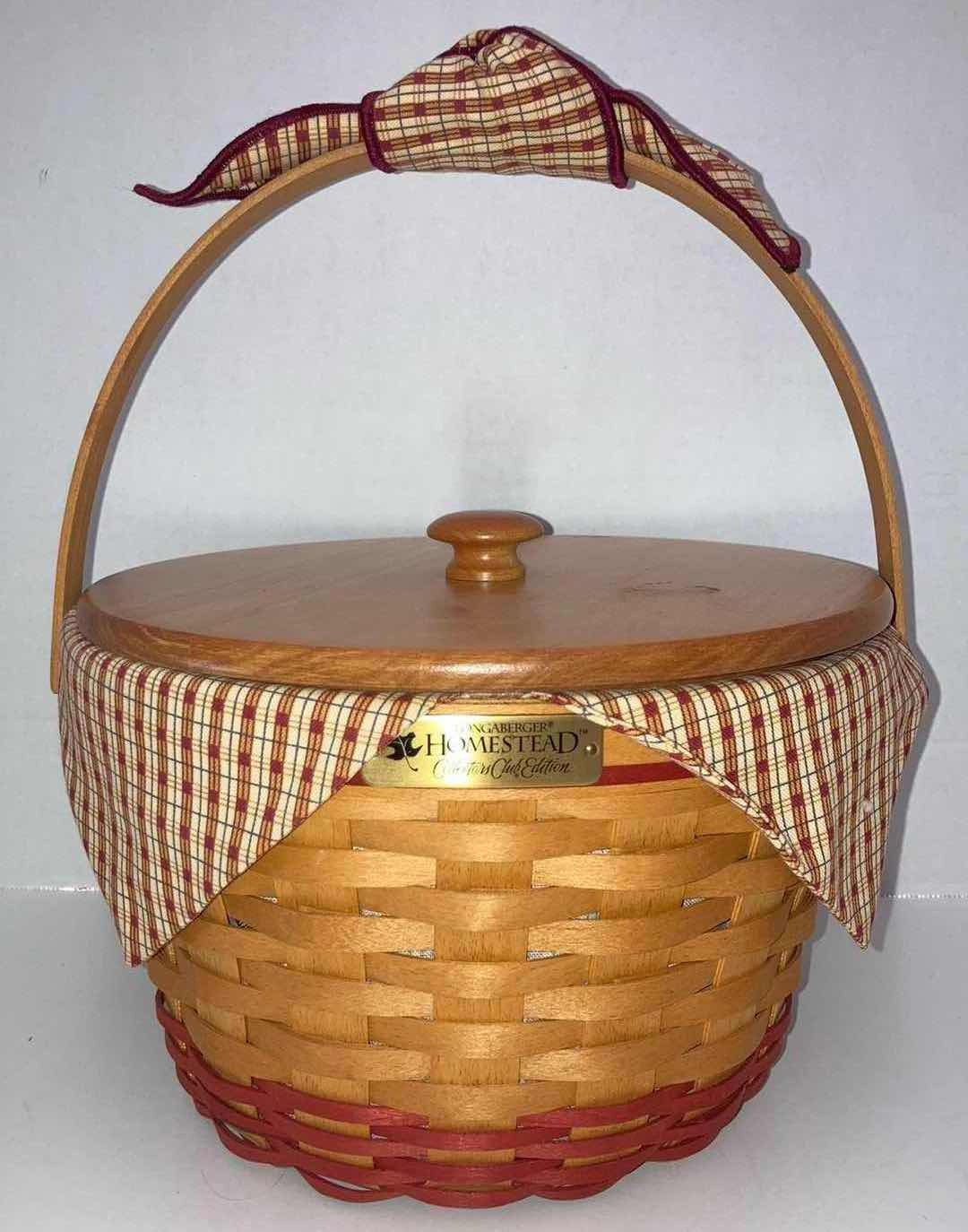 Photo 1 of LONGABERGER 1999 HOMESTEAD COLLECTORS CLUB APPLE MAPLE WOOD BASKET W AUTUMN PLAID FABRIC & BAKSET PROTECTOR 10” X 10” H7”