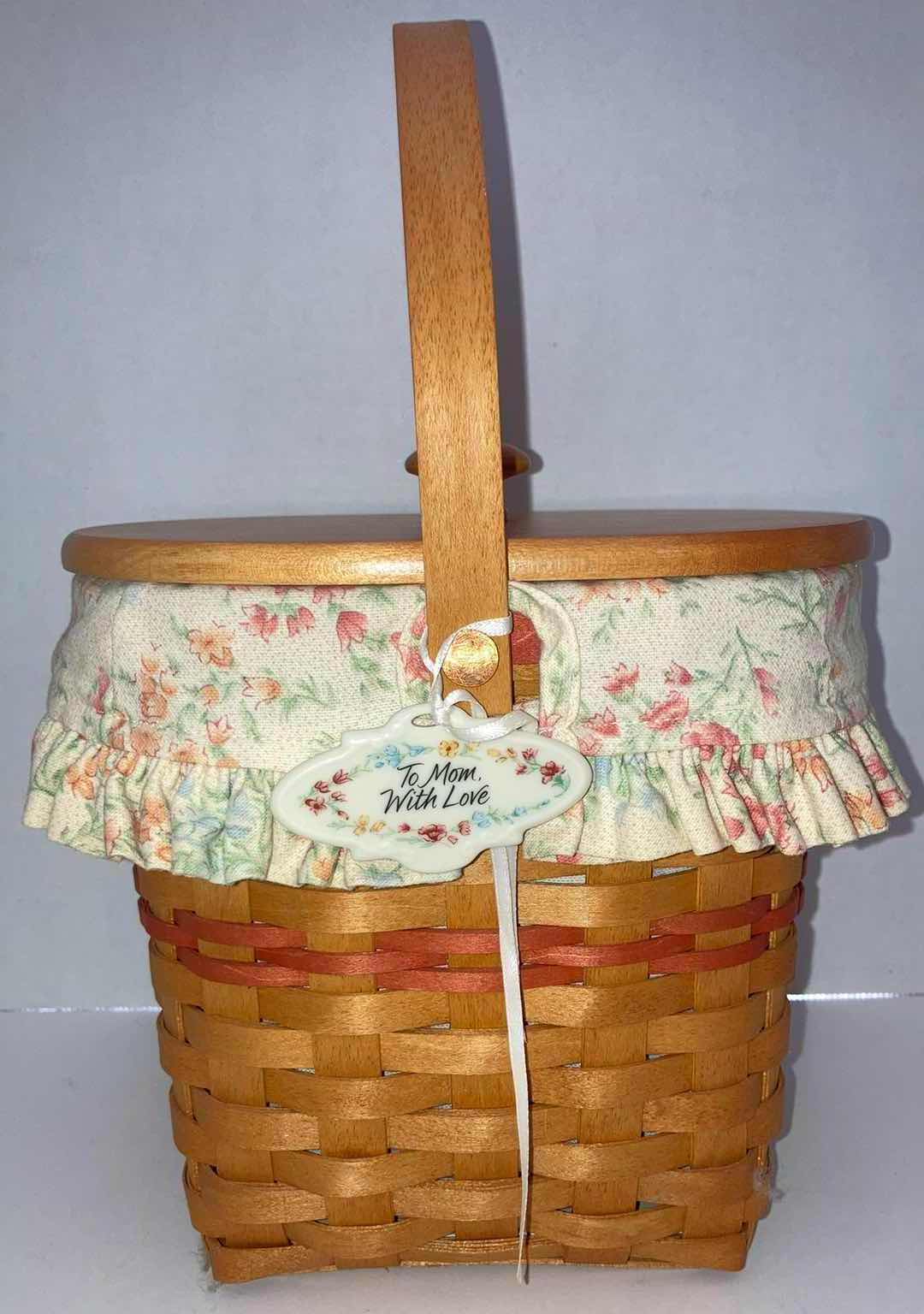 Photo 1 of LONGABERGER 2001 MOTHERS DAY MAPLE WOOD BASKET W BLOSSOM FABRIC LINER & BASKET PROTECTOR 8” X 5.75” H8”