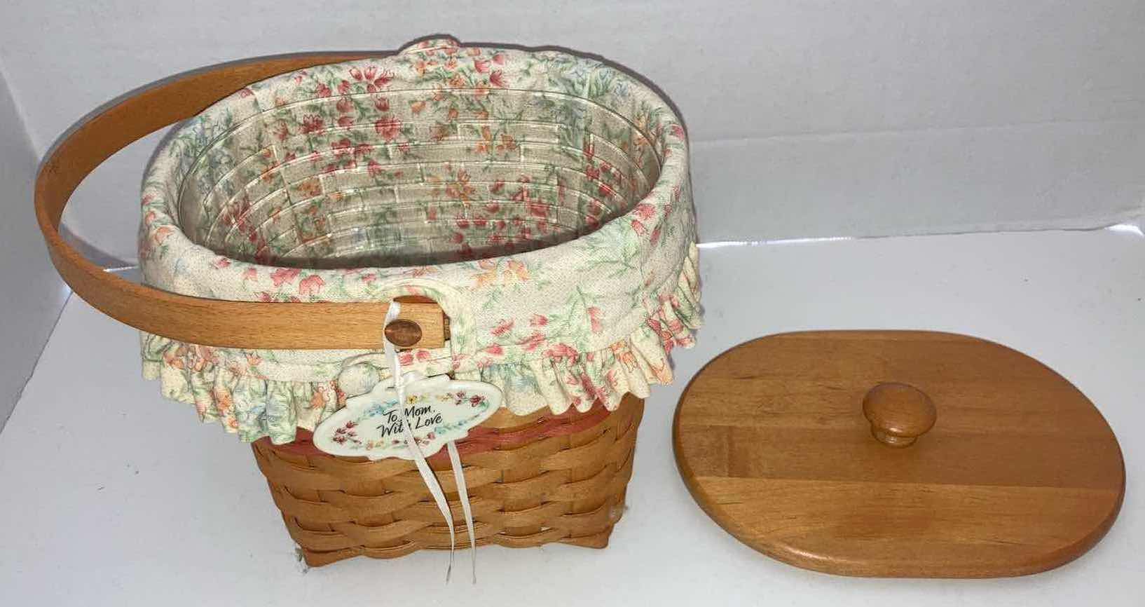 Photo 2 of LONGABERGER 2001 MOTHERS DAY MAPLE WOOD BASKET W BLOSSOM FABRIC LINER & BASKET PROTECTOR 8” X 5.75” H8”