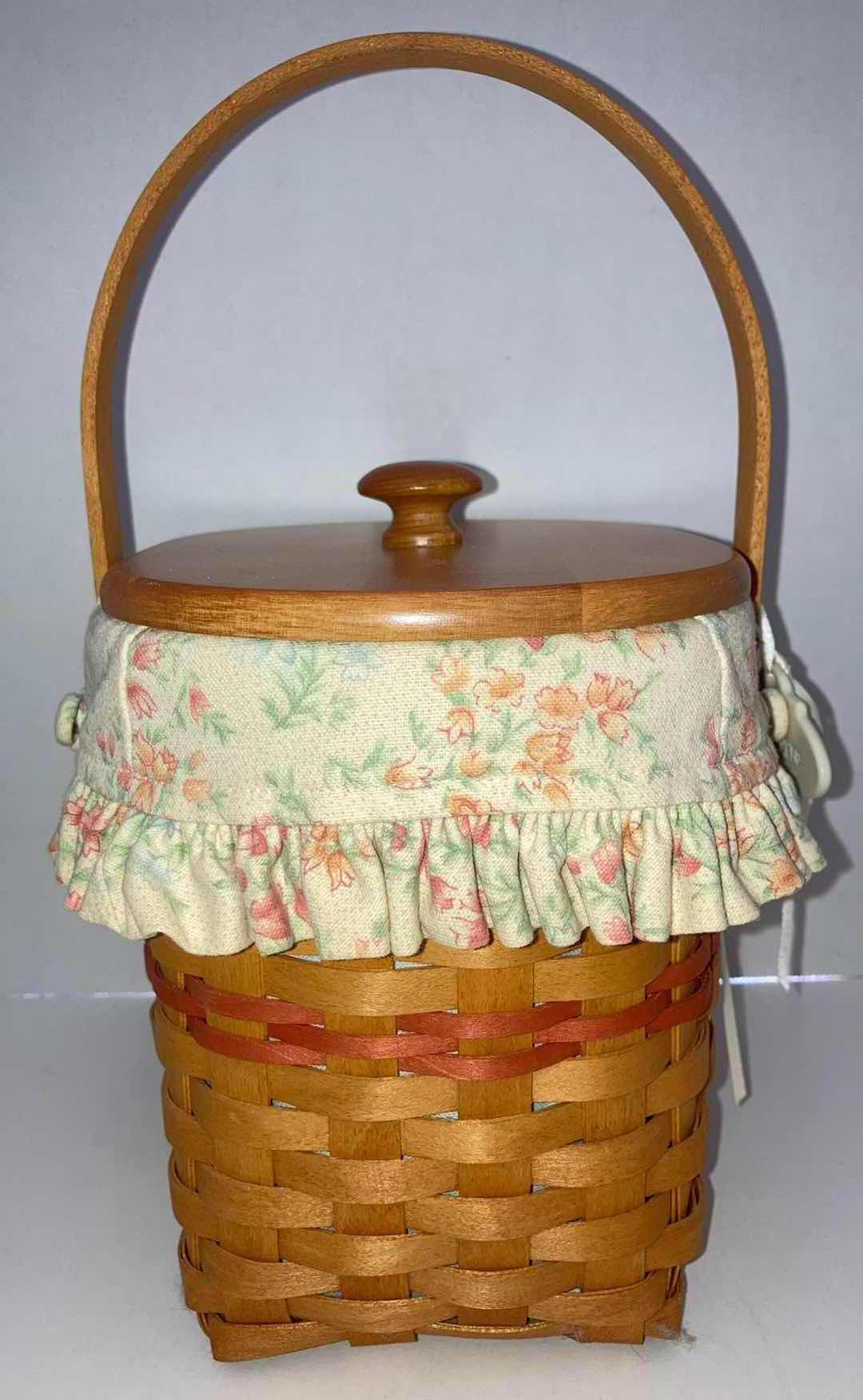 Photo 4 of LONGABERGER 2001 MOTHERS DAY MAPLE WOOD BASKET W BLOSSOM FABRIC LINER & BASKET PROTECTOR 8” X 5.75” H8”