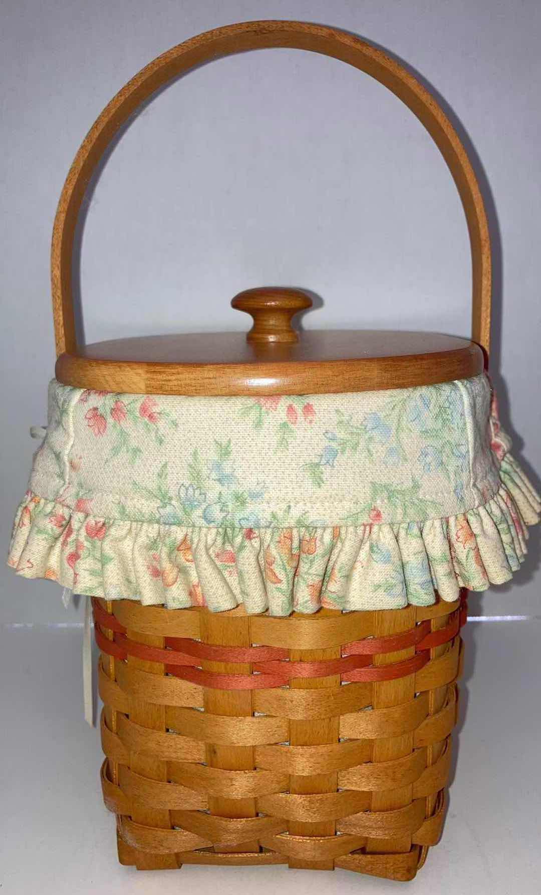 Photo 3 of LONGABERGER 2001 MOTHERS DAY MAPLE WOOD BASKET W BLOSSOM FABRIC LINER & BASKET PROTECTOR 8” X 5.75” H8”