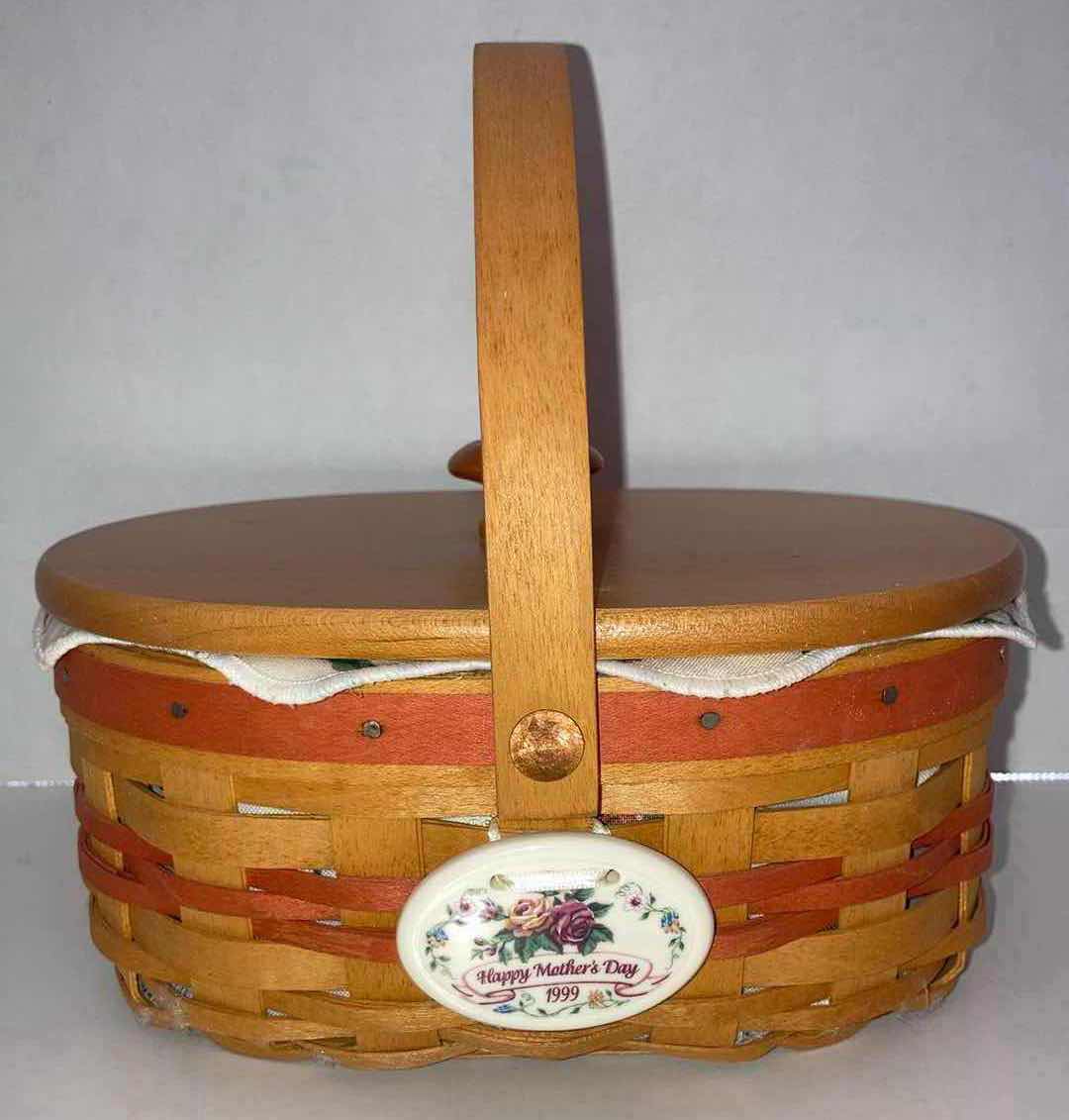 Photo 1 of LONGABERGER 1999 MOTHERS DAY TEA FOR TWO MAPLE WOOD BASKET W FLORAL FABRIC LINER & BASKET PROTECTOR 7.75” X 6” H5”