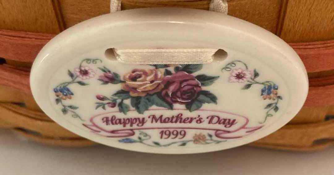 Photo 6 of LONGABERGER 1999 MOTHERS DAY TEA FOR TWO MAPLE WOOD BASKET W FLORAL FABRIC LINER & BASKET PROTECTOR 7.75” X 6” H5”