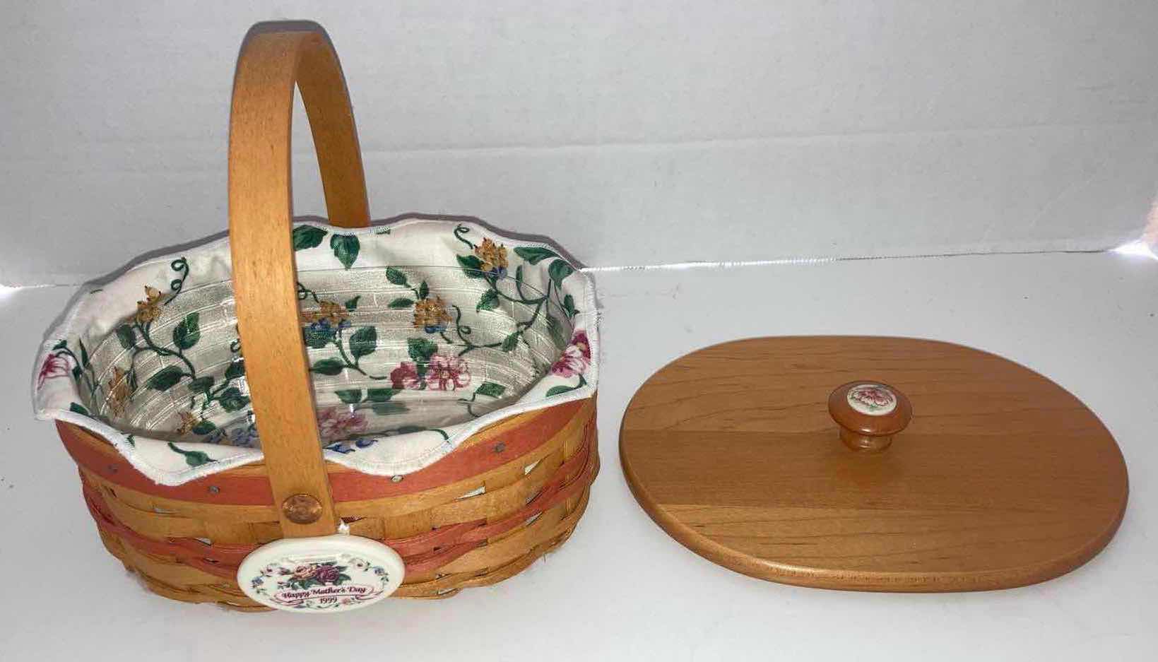 Photo 2 of LONGABERGER 1999 MOTHERS DAY TEA FOR TWO MAPLE WOOD BASKET W FLORAL FABRIC LINER & BASKET PROTECTOR 7.75” X 6” H5”