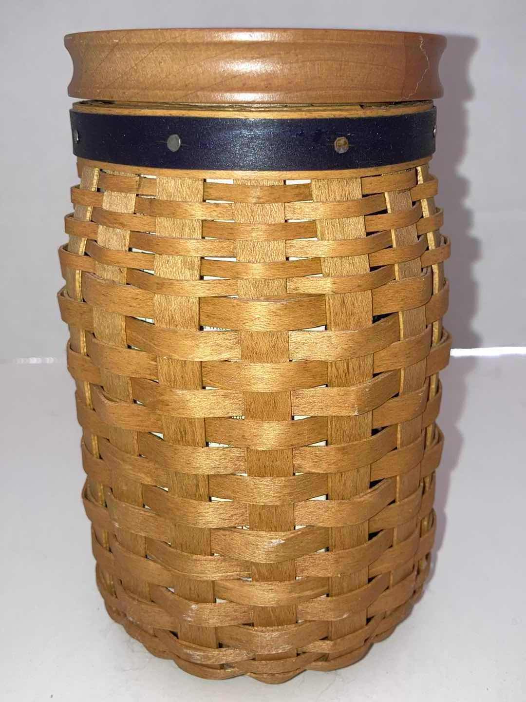 Photo 1 of LONGABERGER 2003 BLUE RIBBON PRIDE BANK MAPLE WOOD BASKET W BASKET PROTECTOR 3.25 X 3.25” H6”