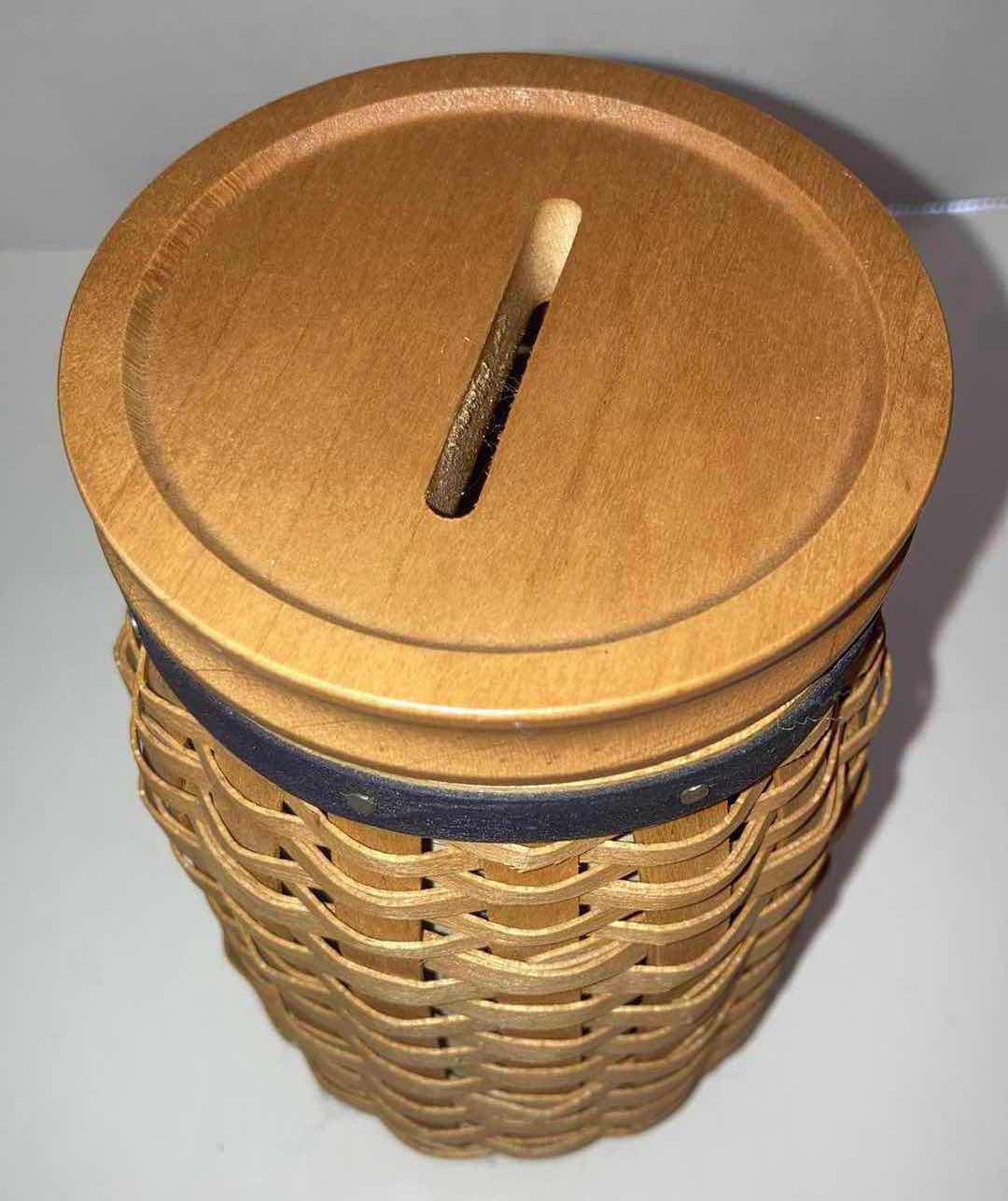 Photo 2 of LONGABERGER 2003 BLUE RIBBON PRIDE BANK MAPLE WOOD BASKET W BASKET PROTECTOR 3.25 X 3.25” H6”