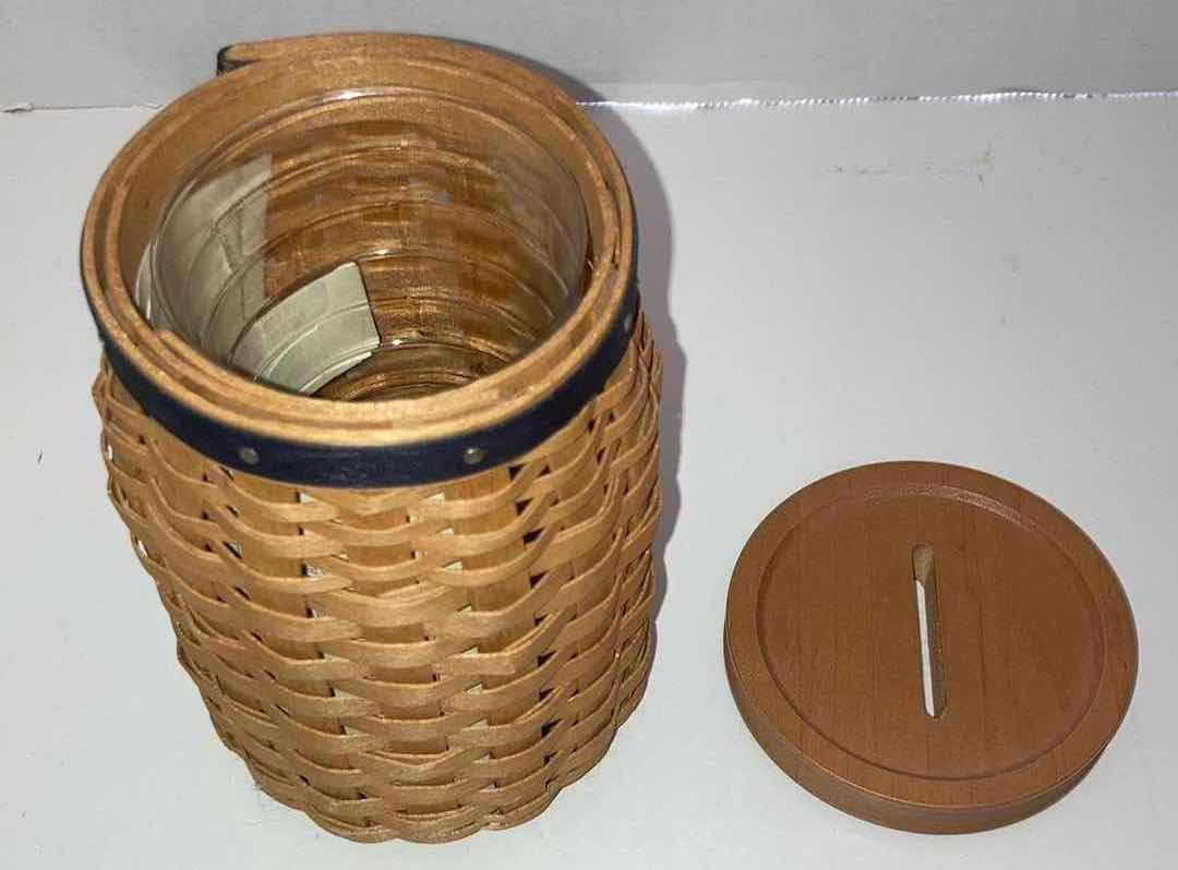 Photo 3 of LONGABERGER 2003 BLUE RIBBON PRIDE BANK MAPLE WOOD BASKET W BASKET PROTECTOR 3.25 X 3.25” H6”