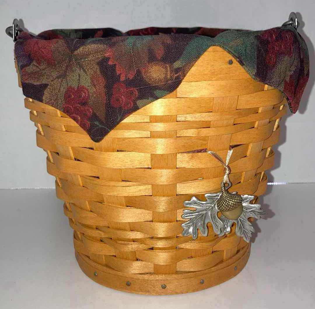 Photo 1 of LONGABERGER 2002 AUTUMN PAIL MAPLE WOOD BASKET W LEAVES/ACORN FABRIC LINER & BASKET PROTECTOR 8” X 8” H7”